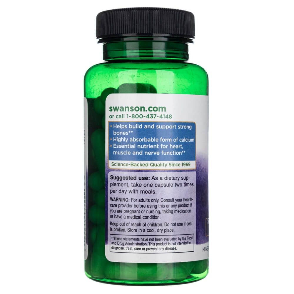 Rückseite der SWANSON Calcium Citrate Flasche mit Produktvorteilen und Anwendungshinweisen.