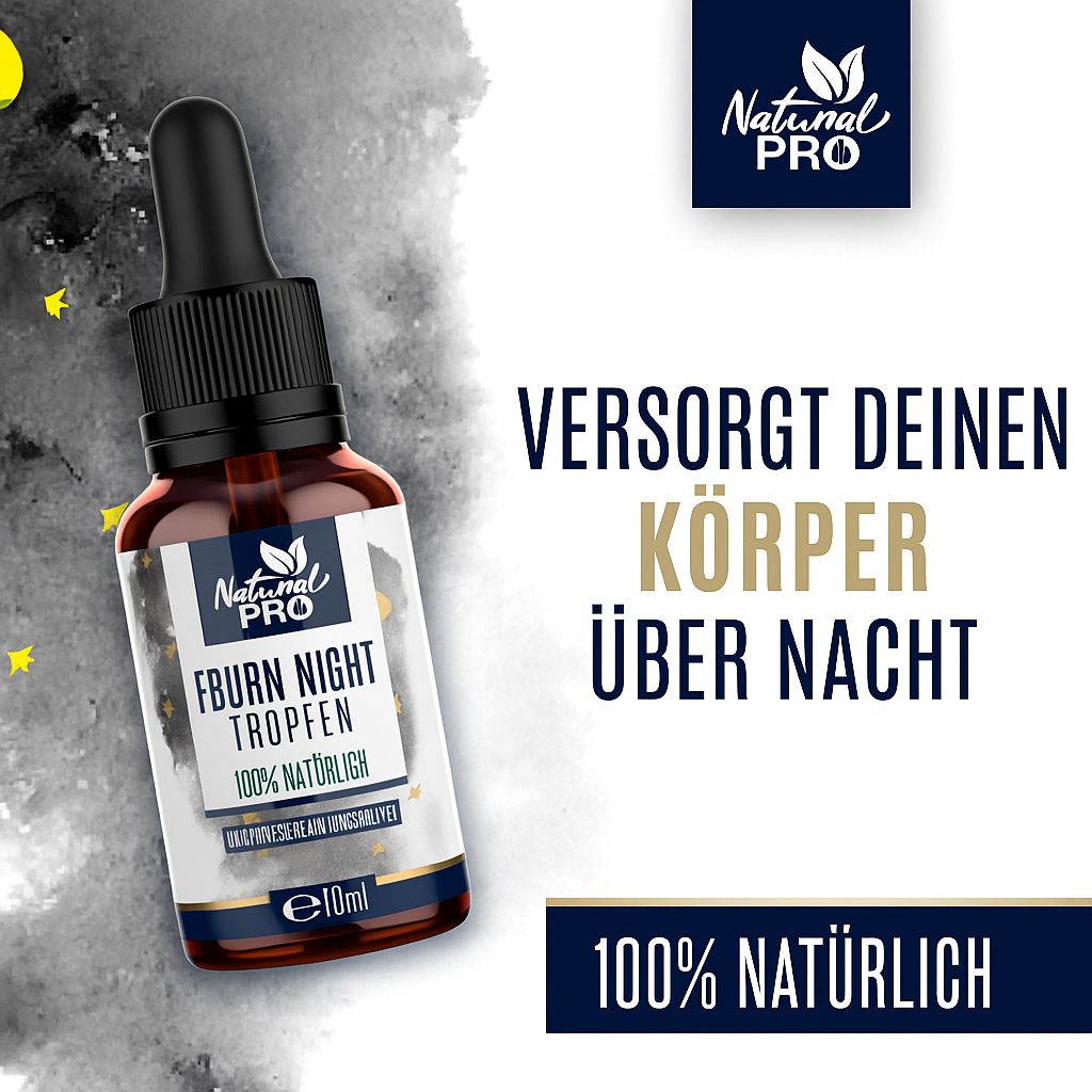 Produktflasche mit Logo und Text. Text: Versorgt deinen Körper über Nacht. 100% natürlich. E10ml.