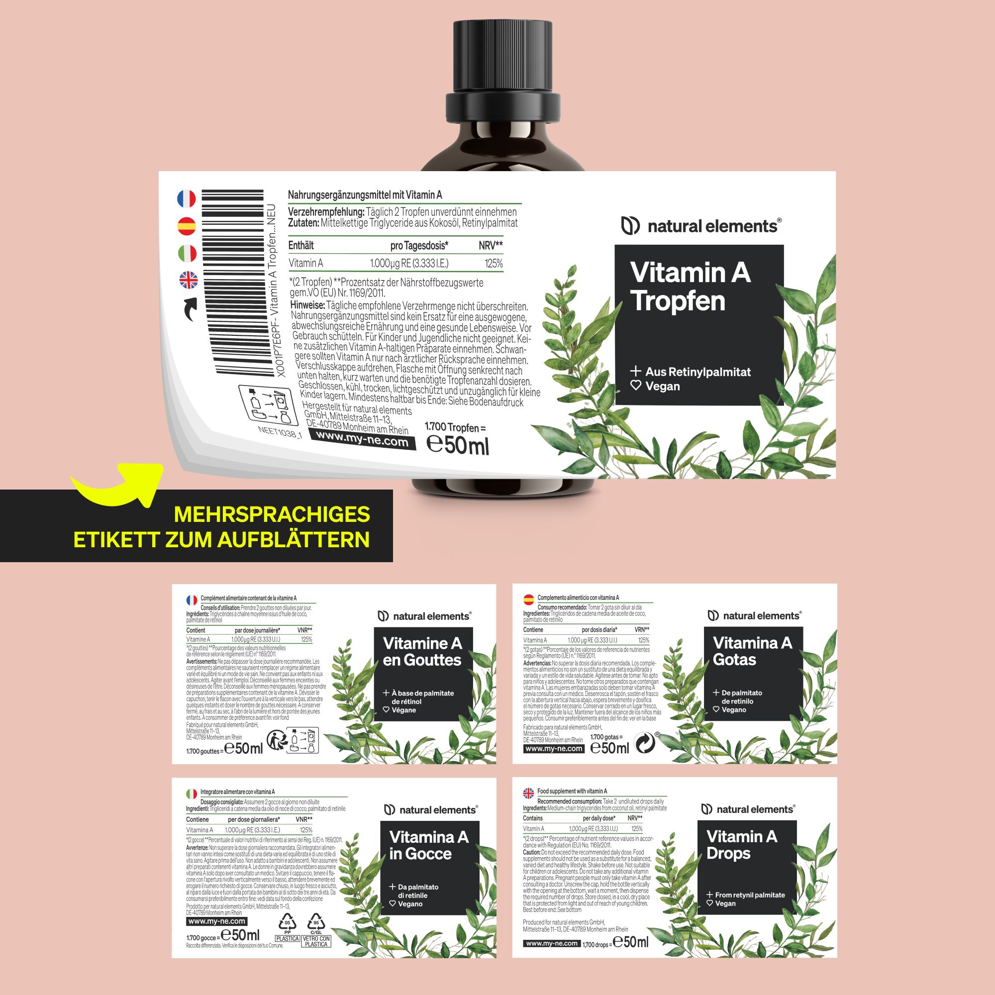 natural elements Vitamin A Tropfen – 50 ml – Vitamin A (Retinylpalmitat) in MCT-Kokosöl gelöst