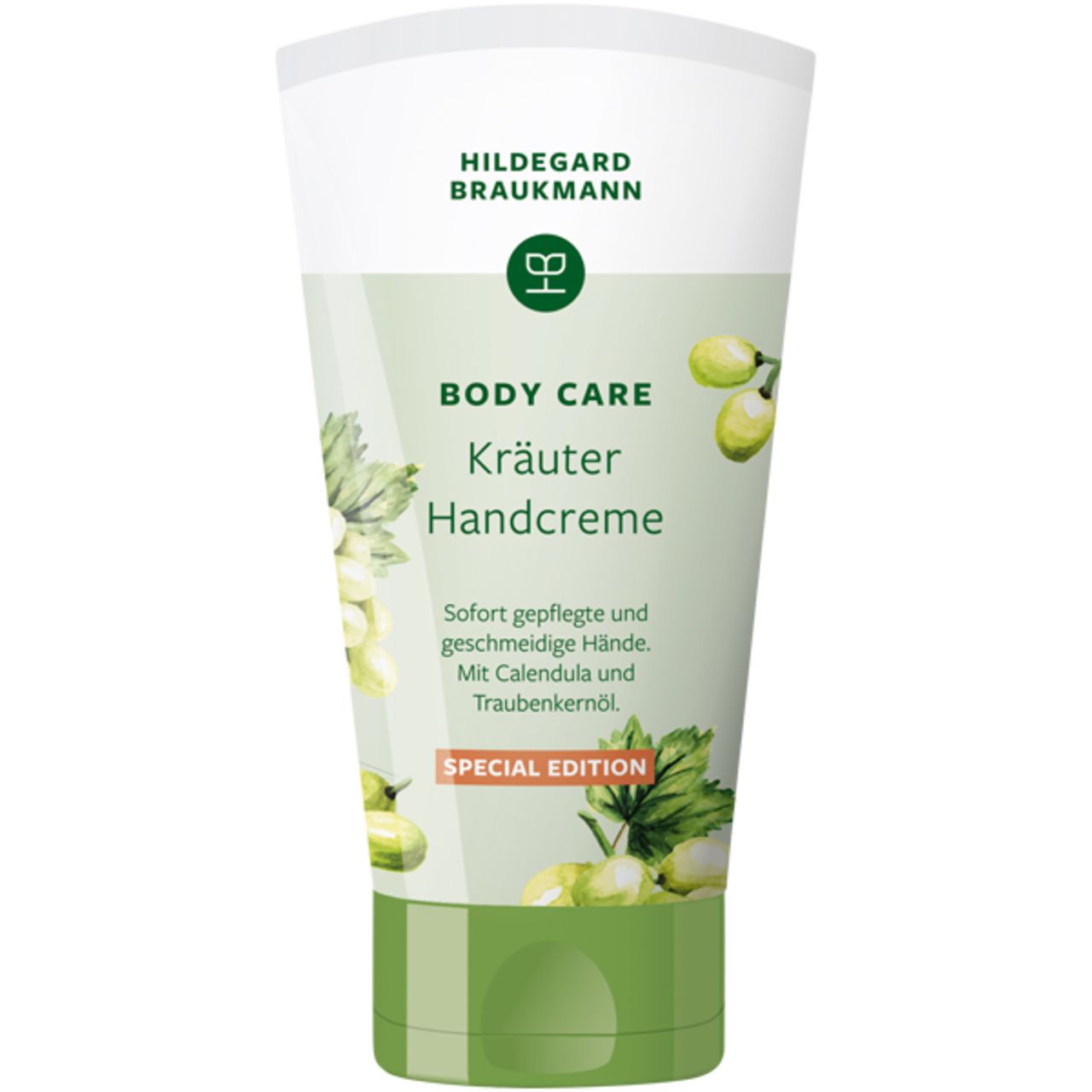 Hildegard Braukmann Kräuter Handcreme Tube. Grün-weiß. Text: Body Care, Kräuter Handcreme, Special Edition.