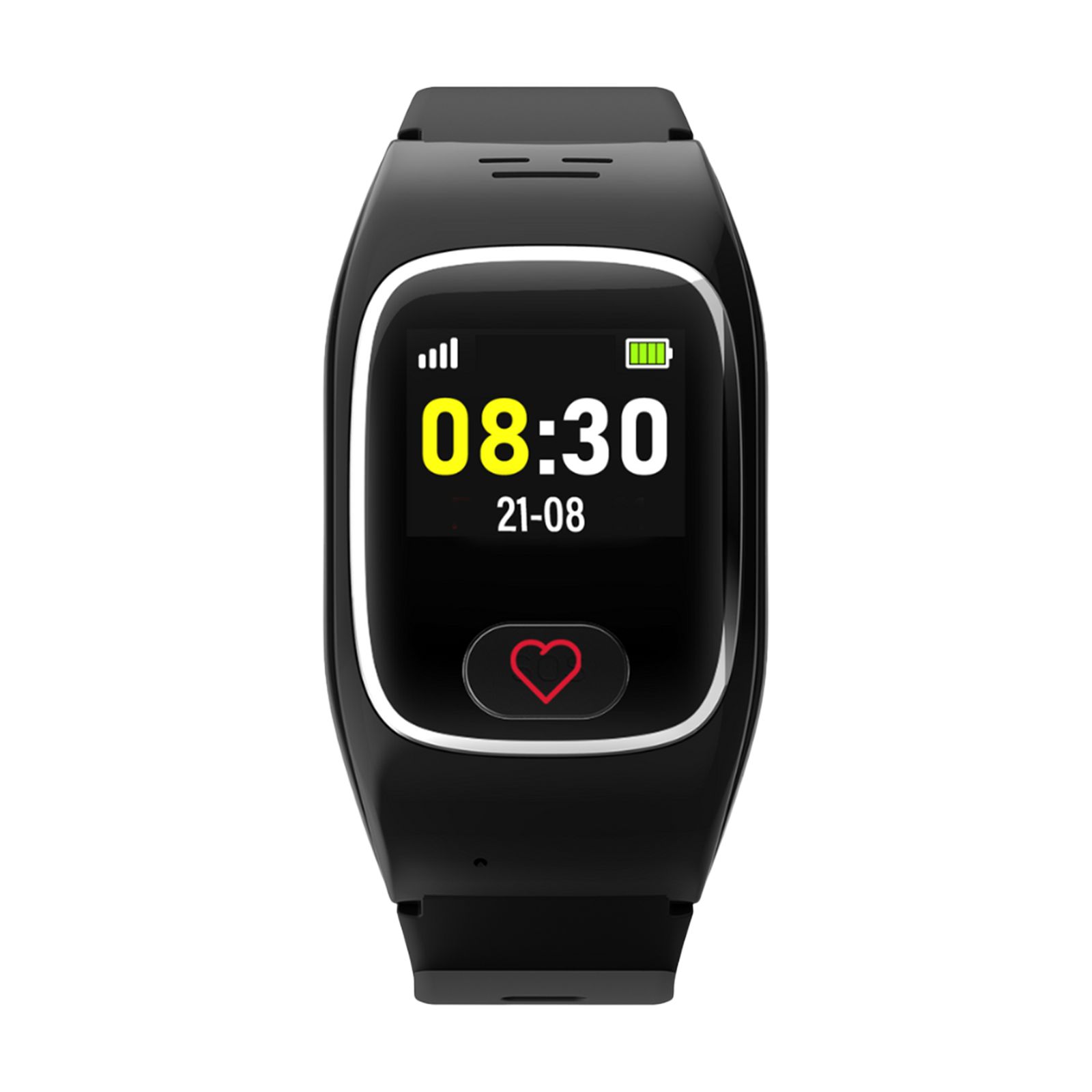 Schwarze Smartwatch mit Herzfrequenzsensor und SOS-Taste. Zeigt Uhrzeit und Datum an.