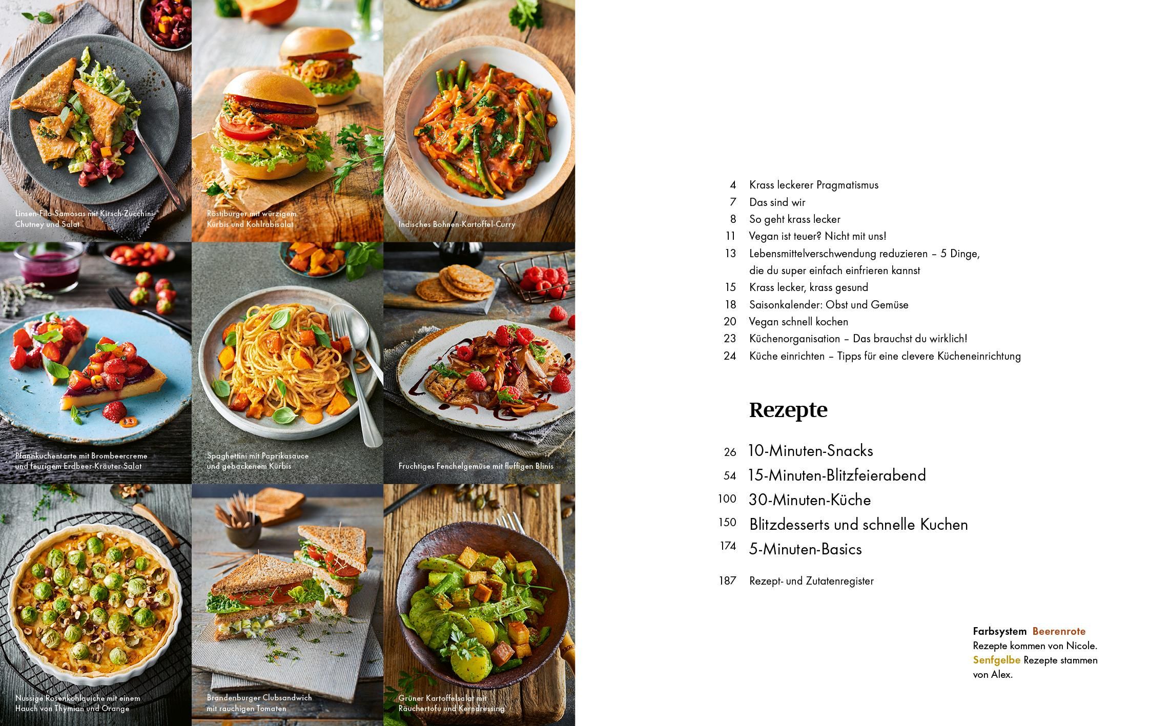 Buchseite mit Rezepten und Fotos von veganen Gerichten. Verschiedene Speisen, darunter Burger, Pasta und Kuchen. Text mit Rezeptüberschriften.