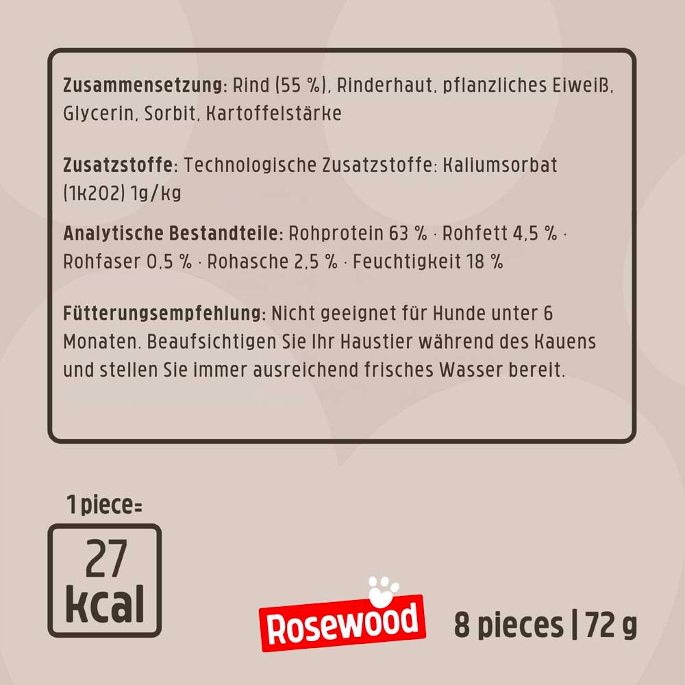 Detailansicht der Verpackung. Text mit Inhaltsstoffen, Nährwertangaben und Fütterungsempfehlung. 27 kcal pro Stück.