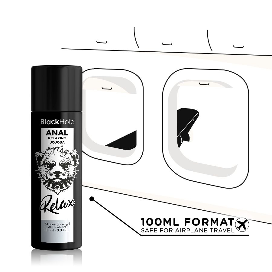 Schwarze Flasche mit BlackHole Anal Relaxing Jojoba Gel. 100ml Format, sicher für Flugreisen.