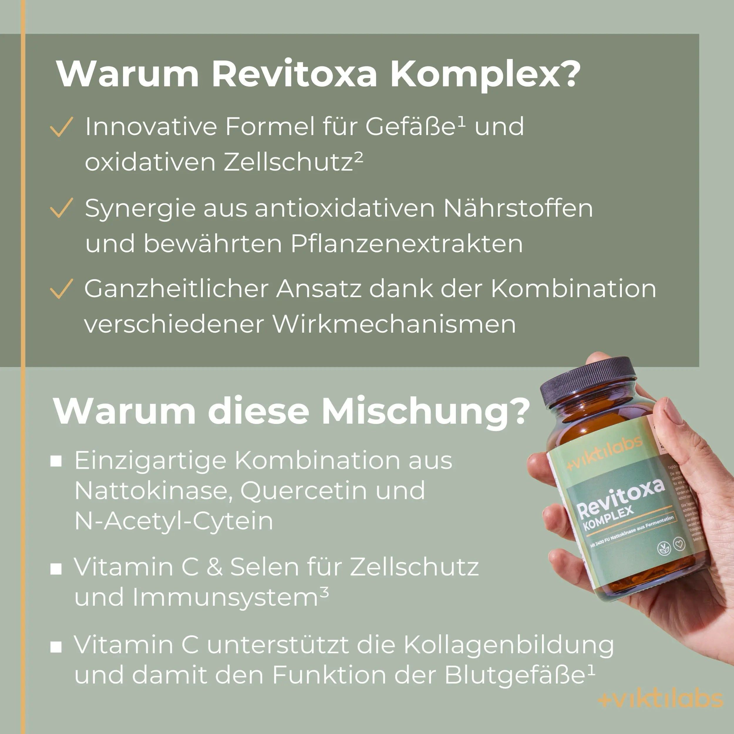 Viktilabs Revitoxa: Nattokinase Komplex mit NAC, Quercetin, Selen und wertvollen Pflanzenextrakten