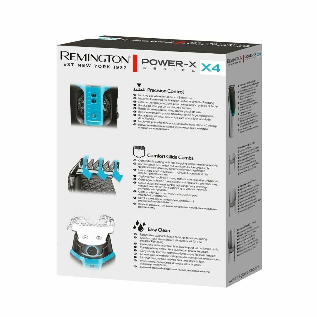 Rückseite der Remington Power-X X4 Verpackung. Produktmerkmale, Illustrationen und technische Daten.