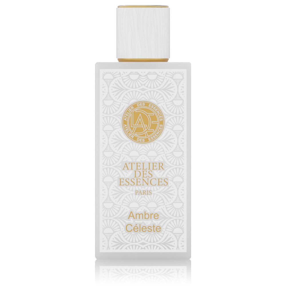 Weißer Parfümflakon mit goldenen Details. Text: Atelier des Essences, Ambre Céleste. Weißer Deckel.