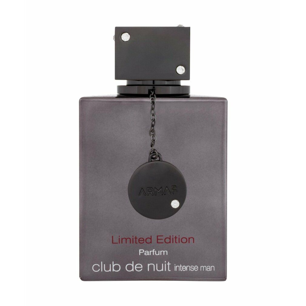 Dunkelgrauer Flakon mit schwarzem Verschluss und Anhänger. Aufschrift: Limited Edition, Parfum, Club de Nuit Intense Man. Marke: Armaf.