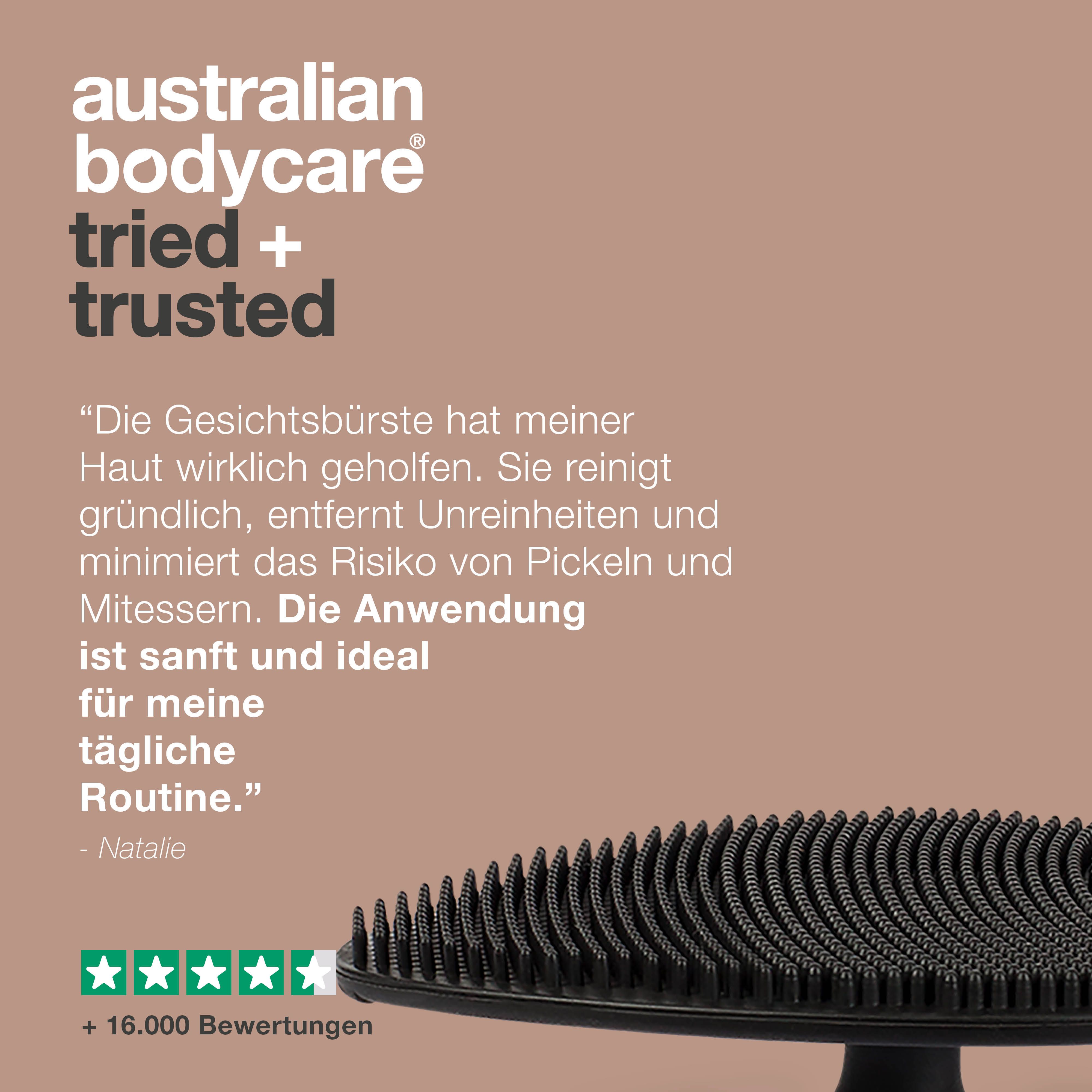 Gesichtsreiniger mit Griff. Aufschrift: Australian Bodycare tried + trusted. Text: Die Gesichtsburste hat meiner Haut geholfen.