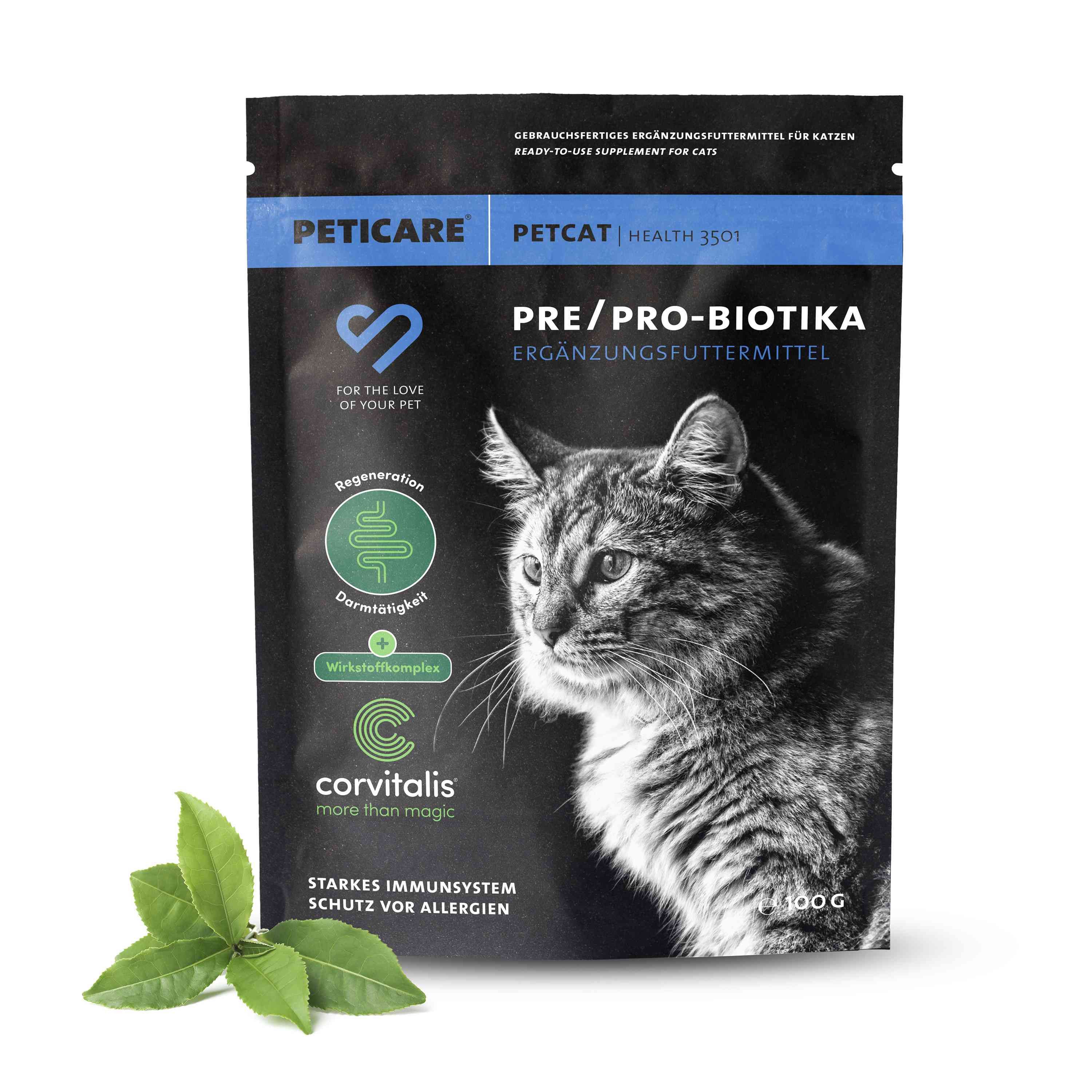 Schwarze Tüte mit Produktaufdruck. Enthält Pre/Pro-Biotika für Katzen. Logo und Katze abgebildet. 500g.