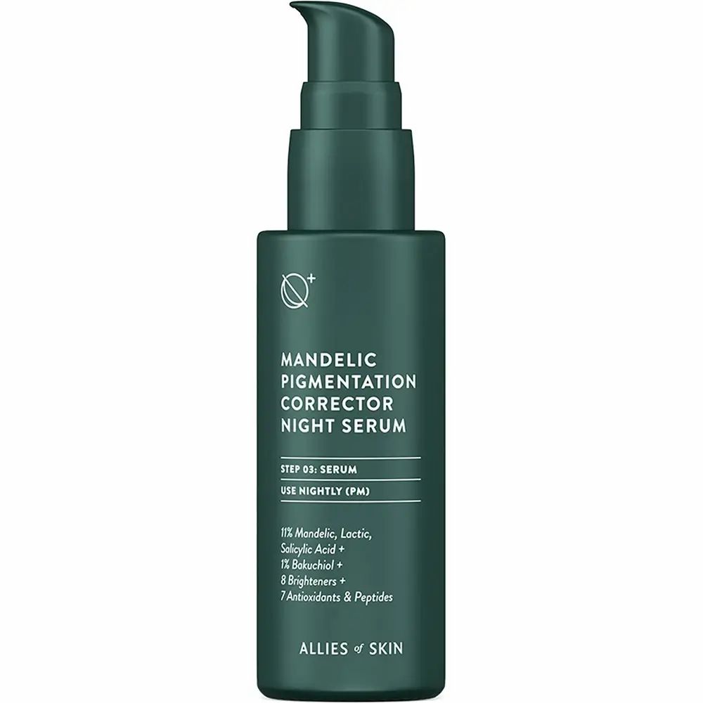 Grüne Flasche mit Serum. Aufschrift: Mandelic Pigmentation Corrector Night Serum. Marke: ALLIES OF SKIN.