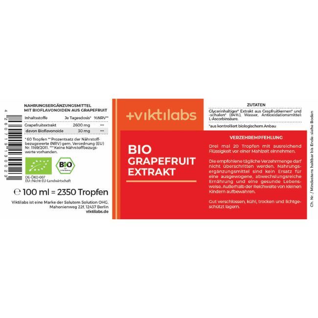 Etikett mit Produktinformationen. Rotes Feld mit weißer Schrift: Viktilabs Bio Grapefruitextrakt. Bio-Siegel.