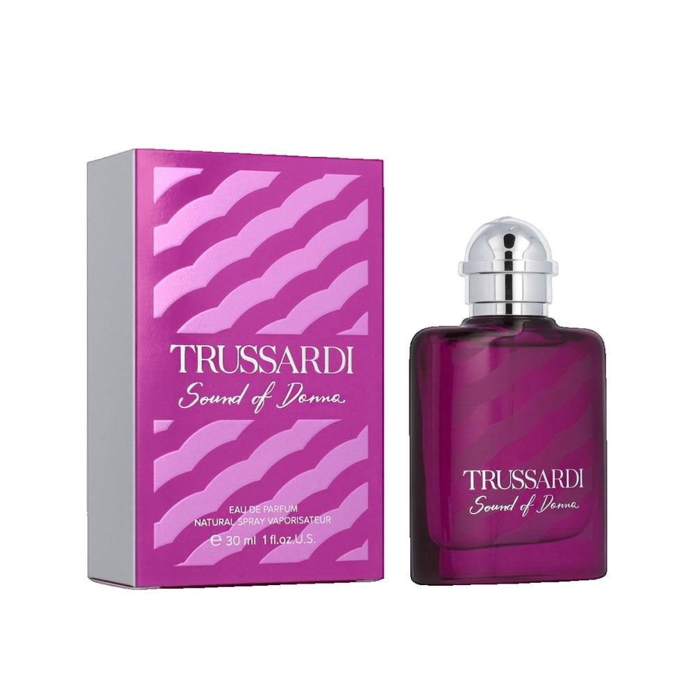 Flakon und Verpackung von Trussardi Sound of Donna. Flakon quadratisch, pink. Verpackung pink mit Wellenmuster und Schriftzug.
