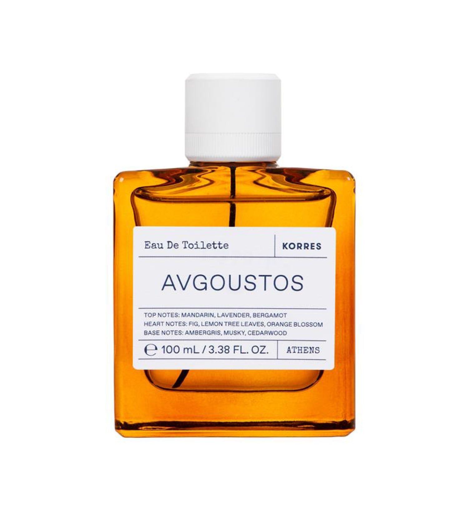 Quadratischer Flakon Eau de Toilette, bernsteinfarbenes Glas, weißer Deckel. Aufkleber mit Produktnamen und Inhaltsstoffen.