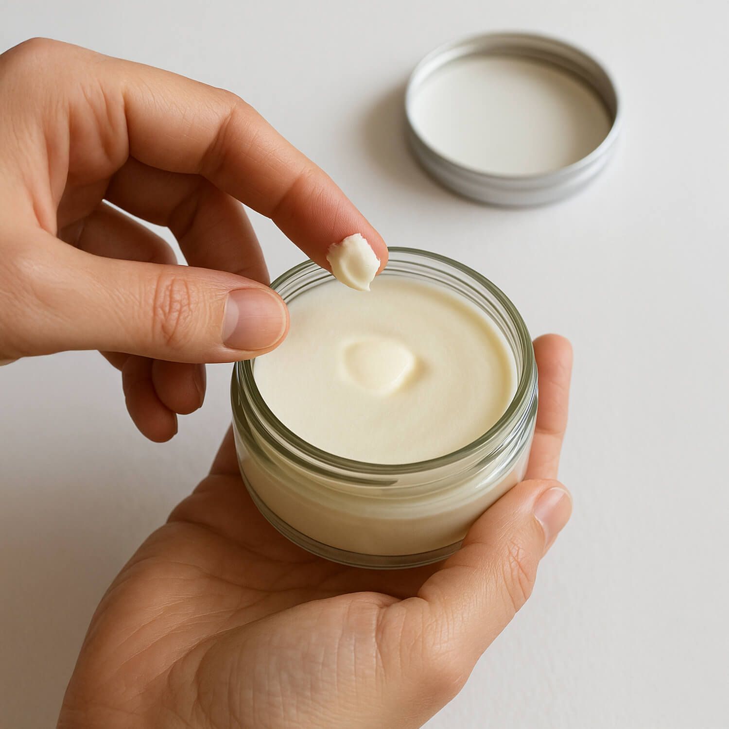 Hände halten offenes Glas mit Creme. Finger mit Creme.