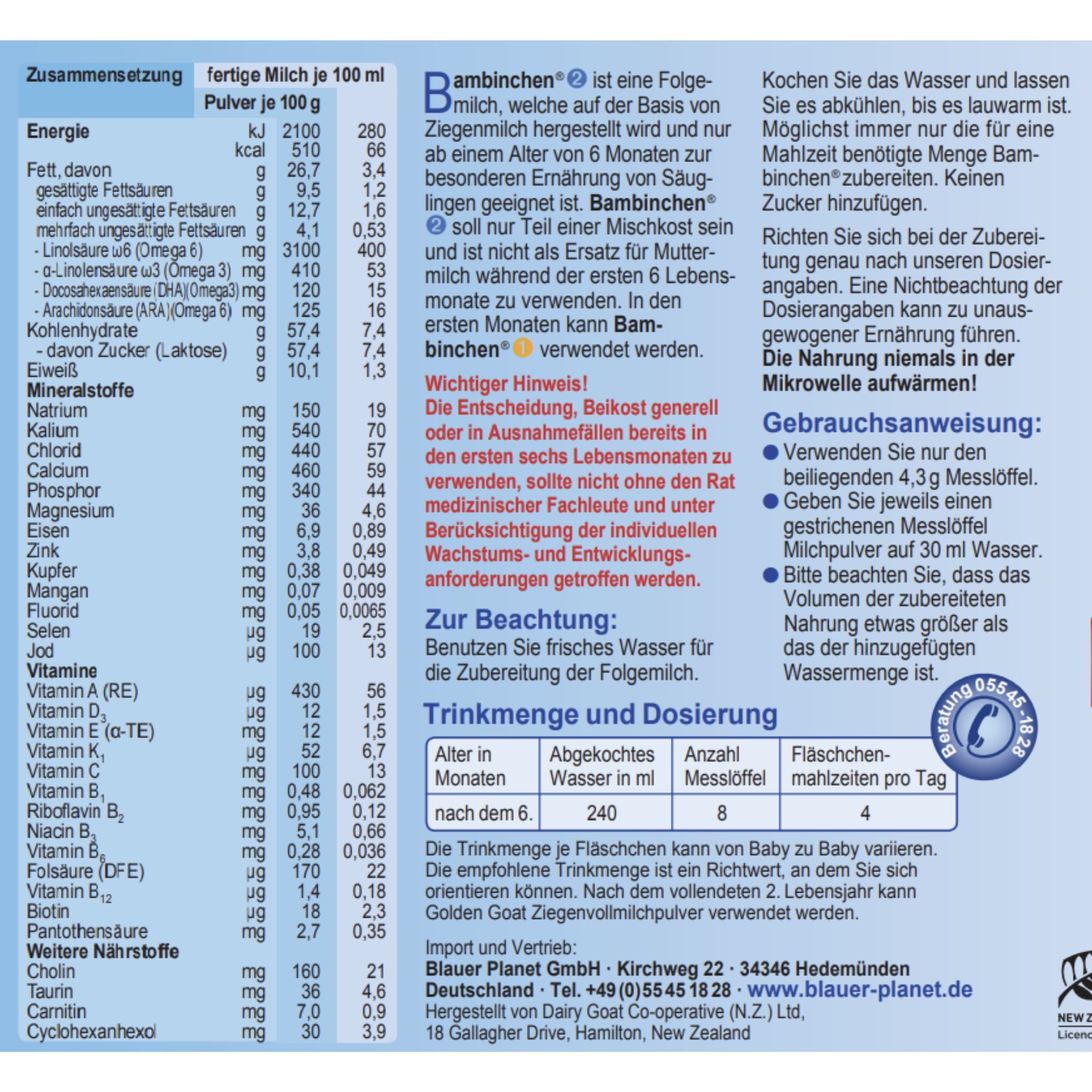 Nährwerttabelle und Dosierungshinweise für Bambinchen-Folgemilch. Enthält Informationen zu Energie, Nährstoffen und Zubereitung.