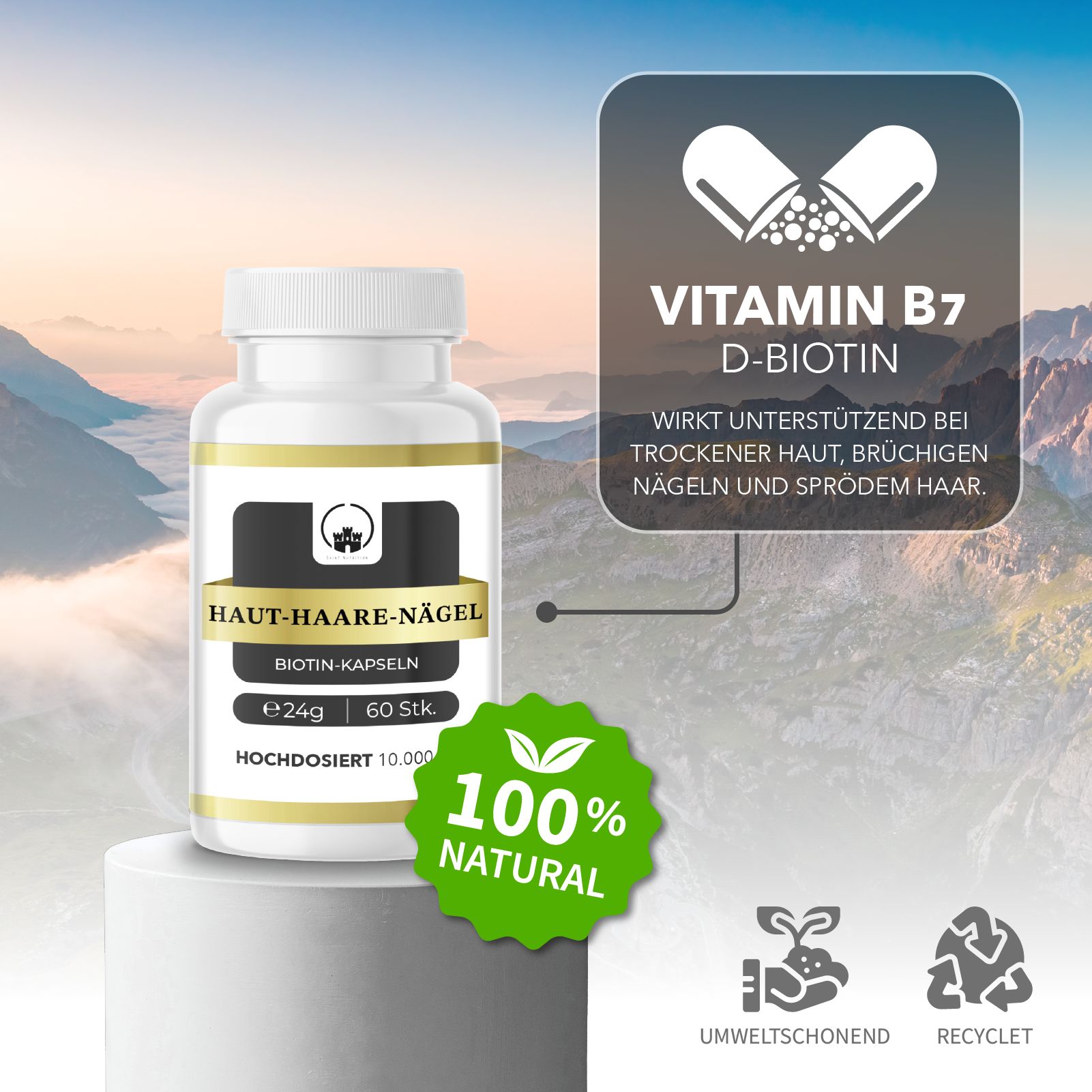 Produktabbildung mit Pillenfläschchen, Vitamin B7-Illustration und '100% Natural' Siegel.