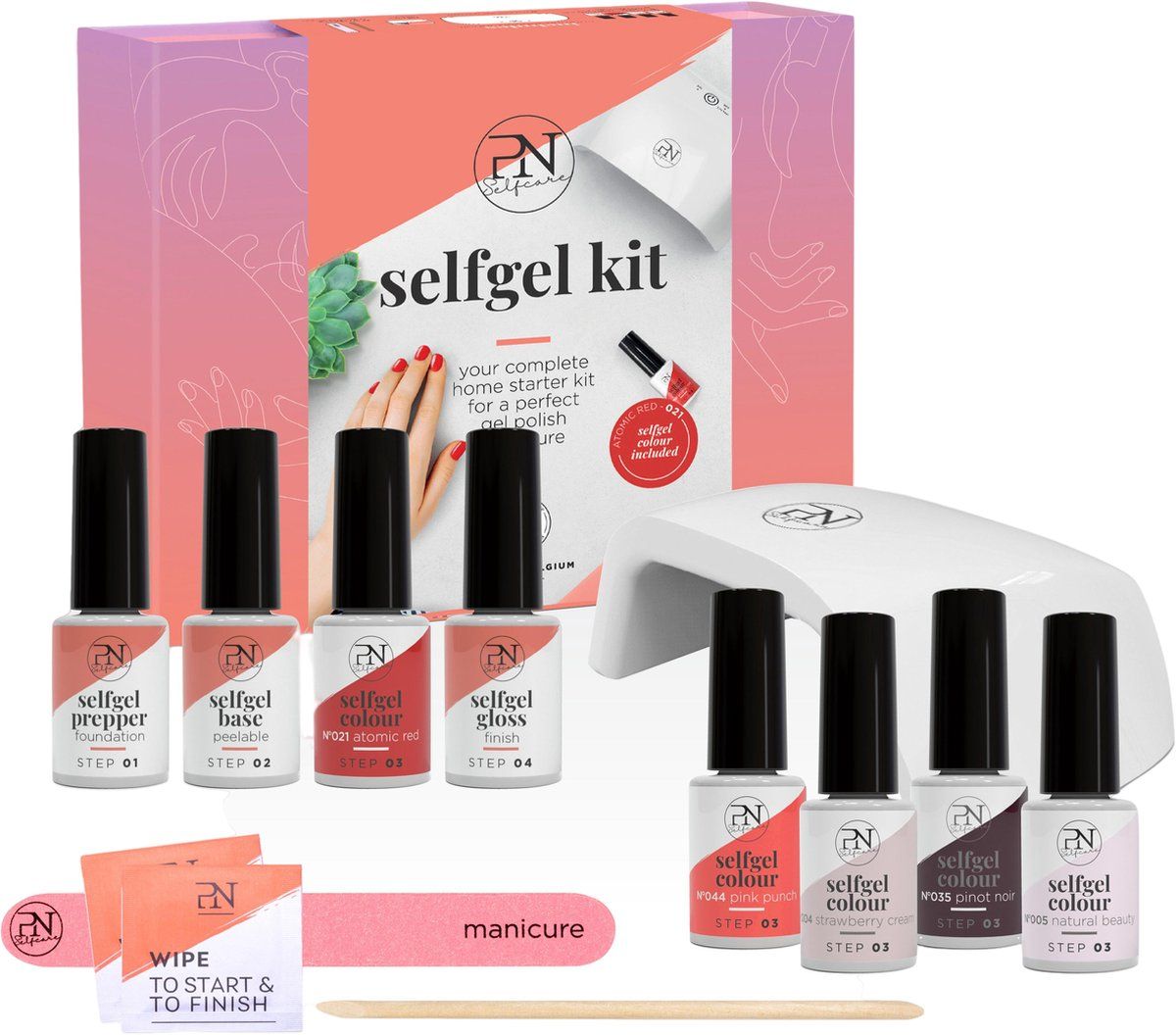 Nagelpflege-Set mit UV-Lampe, Nagellacken und Zubehör. Enthält Flaschen mit Aufschriften wie "selfgel prepper", "base", "colour", "gloss".