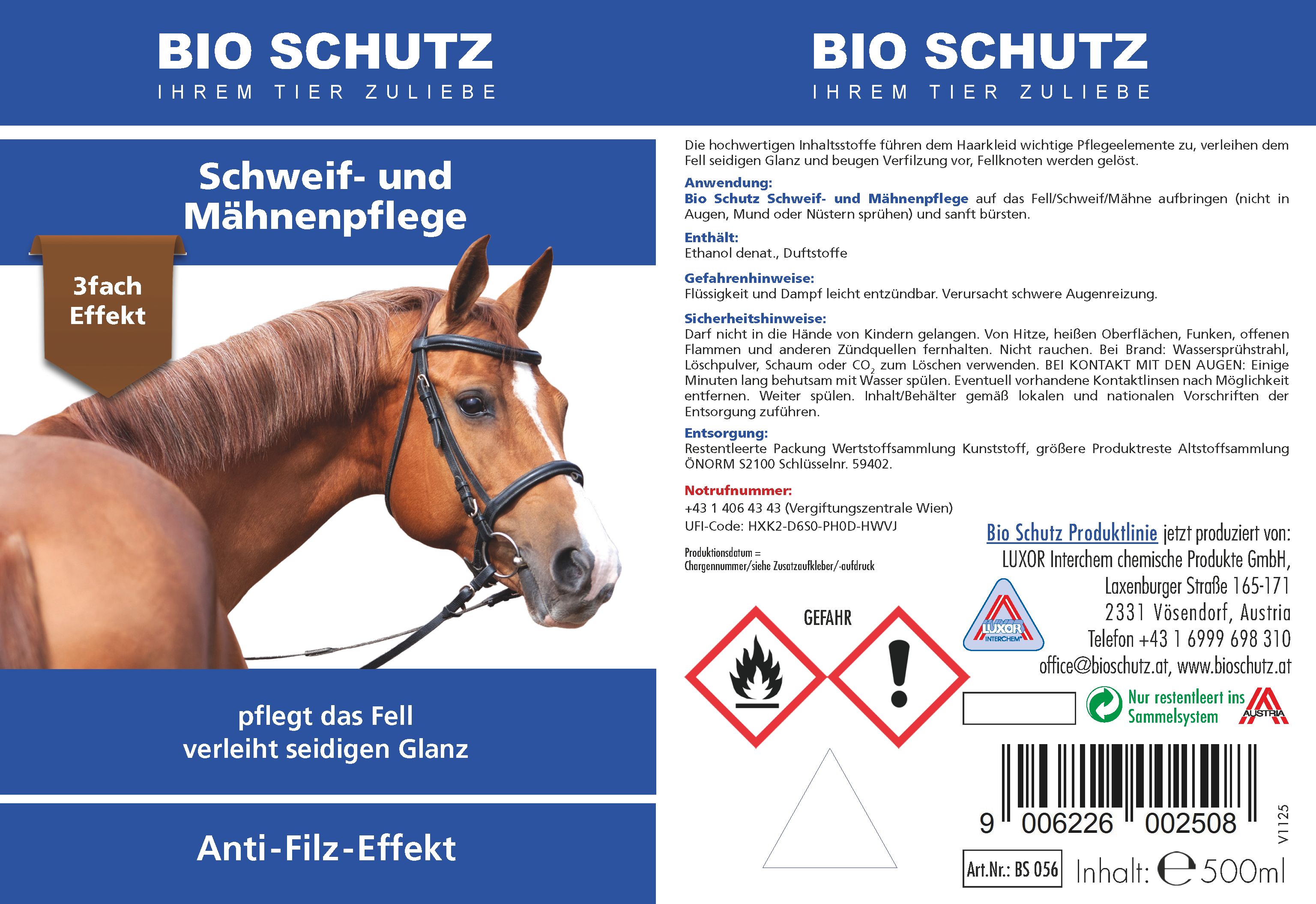Produktetikett mit Produktname: Bio Schutz Schweif- und Mähnenpflege. Abbildung eines Pferdes. Gefahrensymbole und Barcode.