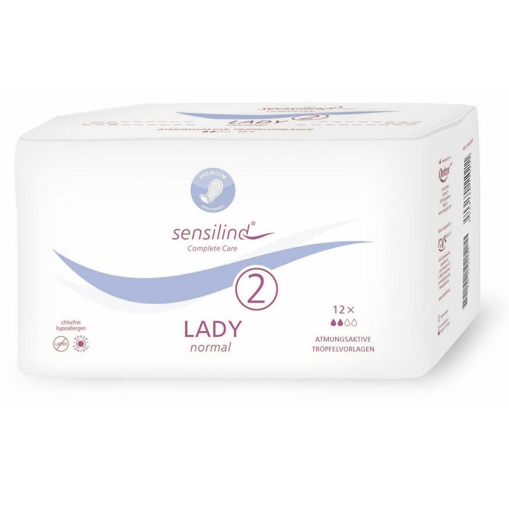 Weiße Verpackung mit blauer Welle. Aufschrift: Sensilind Lady Normal 2. 12 Stück. Saugstärke-Angabe.