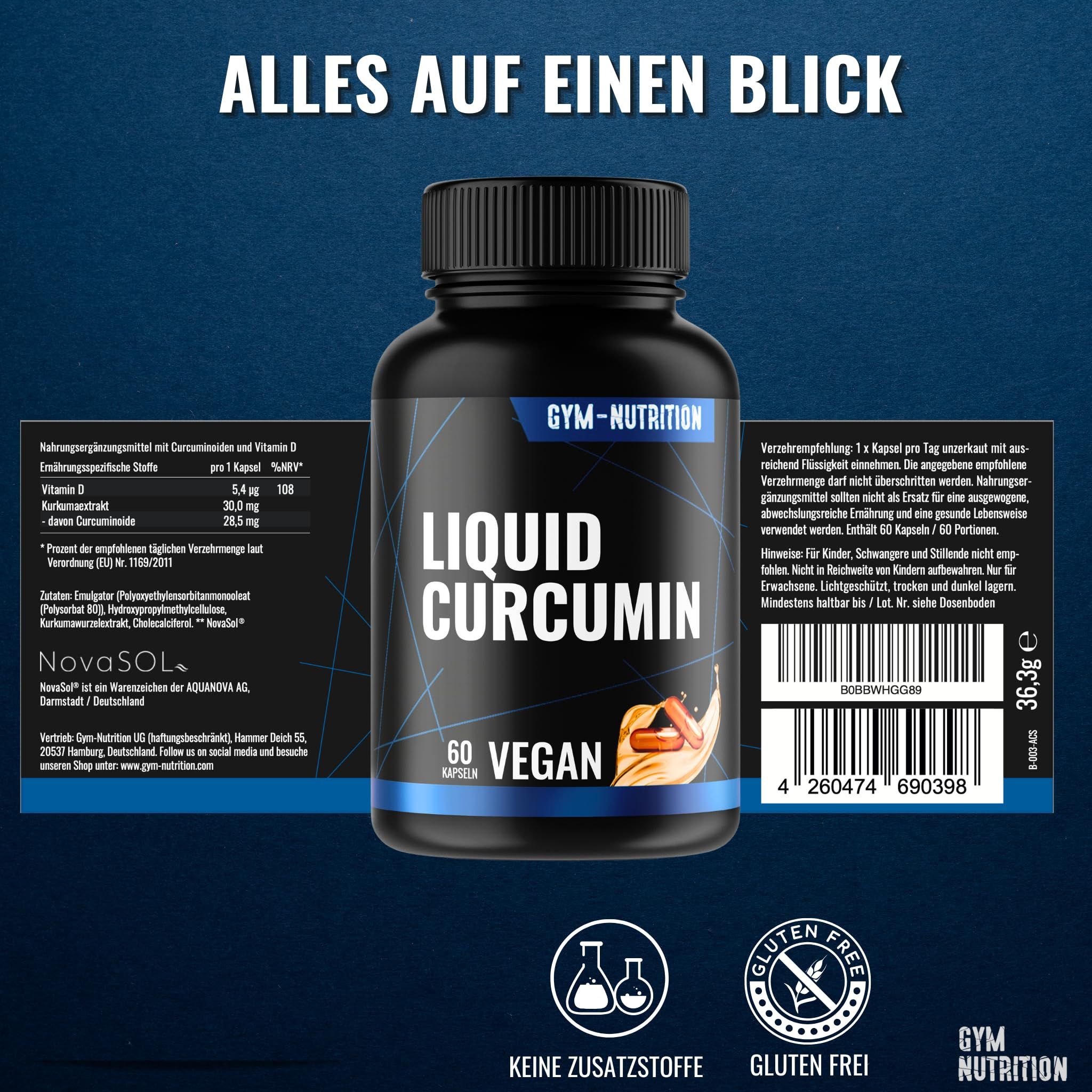 Schwarze Flasche mit Kapseln. Aufschrift: Liquid Curcumin, 60 Vegan. Text: Alles auf einen Blick. Zusatzstoffe, Glutenfrei.