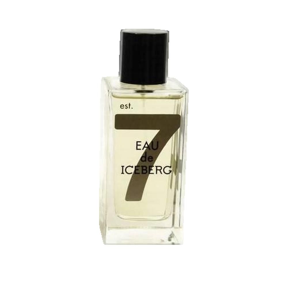 Glasflakon mit schwarzem Verschluss. Aufschrift "EAU de ICEBERG 7".