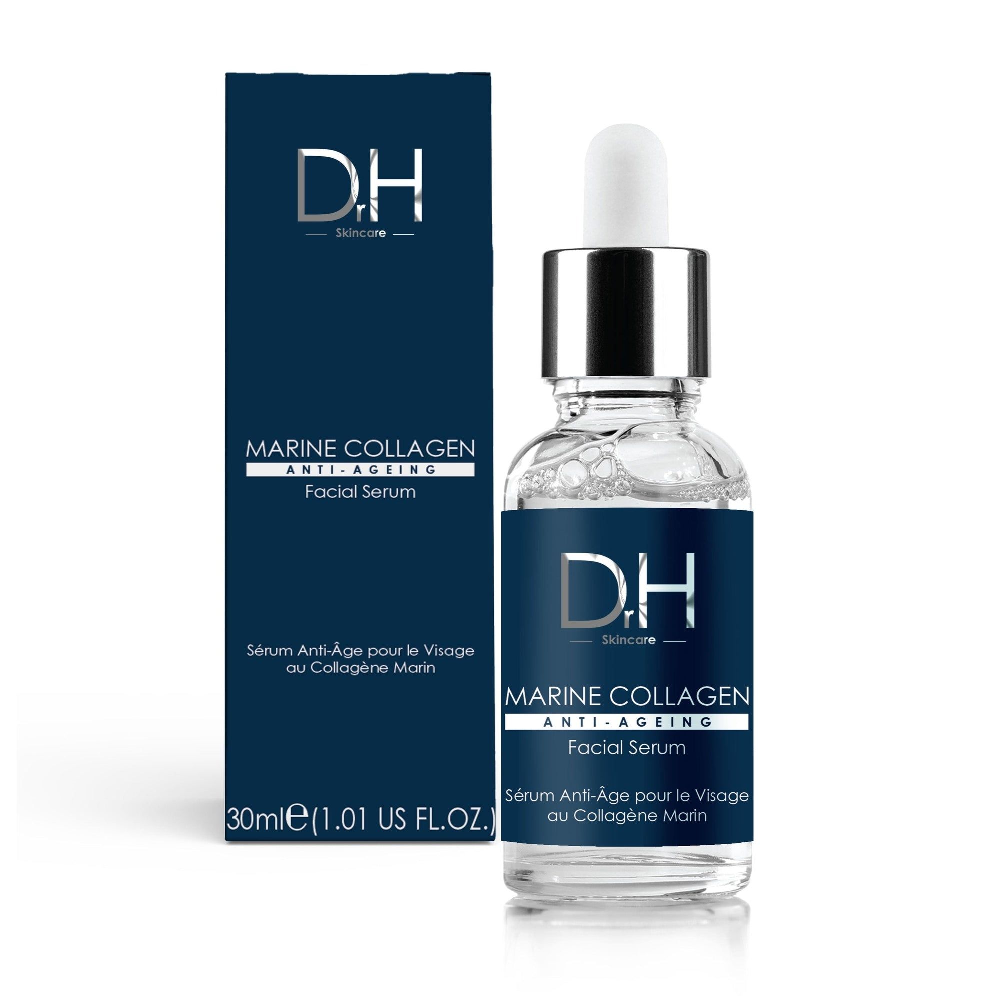 Eine Flasche und eine Schachtel. Aufschrift: D.H. Marine Collagen Anti-Aging Facial Serum. Flasche mit Pipette.