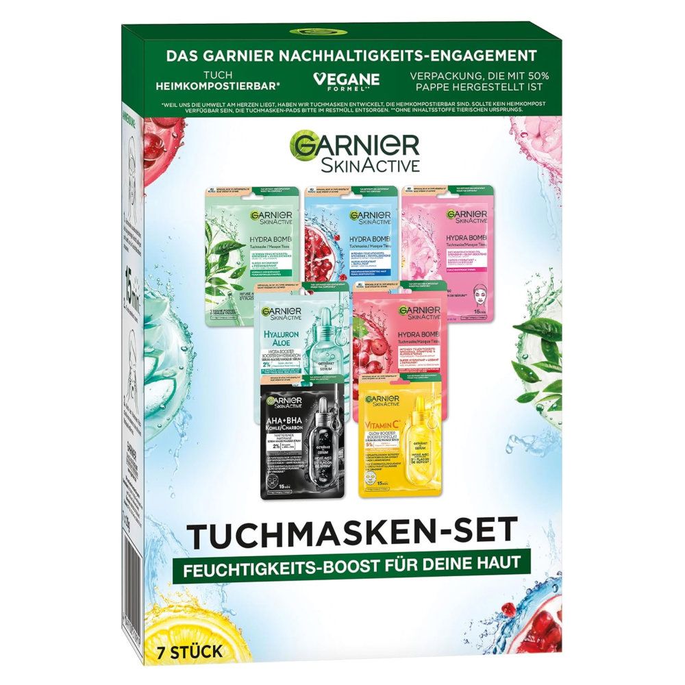 Garnier Tuchmasken-Set. Karton mit 7 Masken. Aufdrucke: Garnier SkinActive, Tuchmasken-Set, Feuchtigkeits-Boost. Vegan, kompostierbar.
