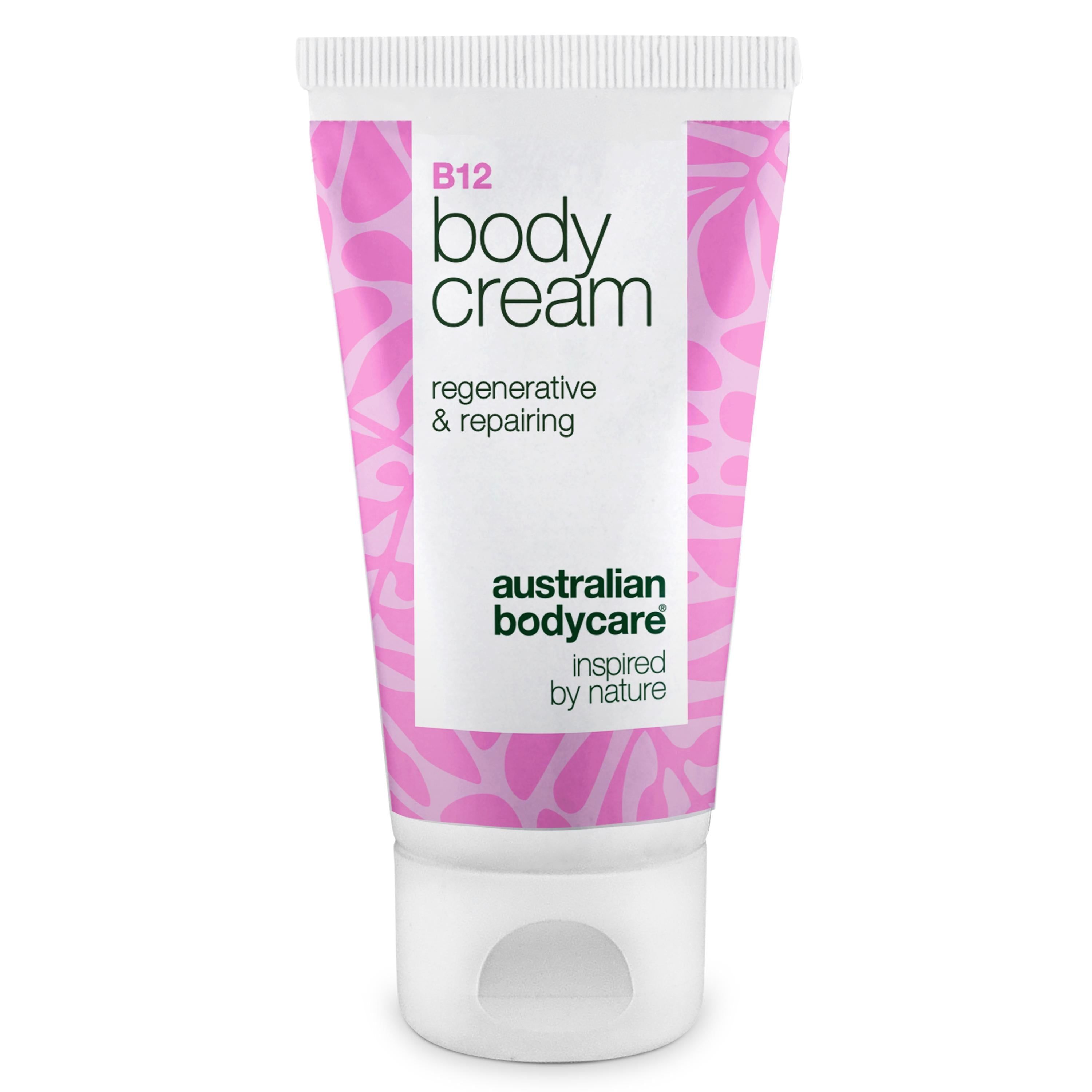 Tube mit B12 Body Cream. Rosa floral Muster. Weißer Deckel. Text: regenerative & repairing, Australian Bodycare.