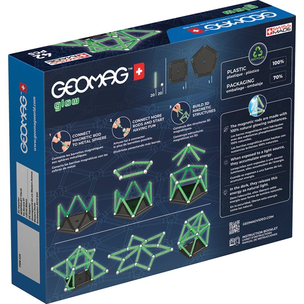 Rückseite der Verpackung von GEOMAG GLOW RECYCLED. Zeigt Produktinformationen und Anwendungsbeispiele.