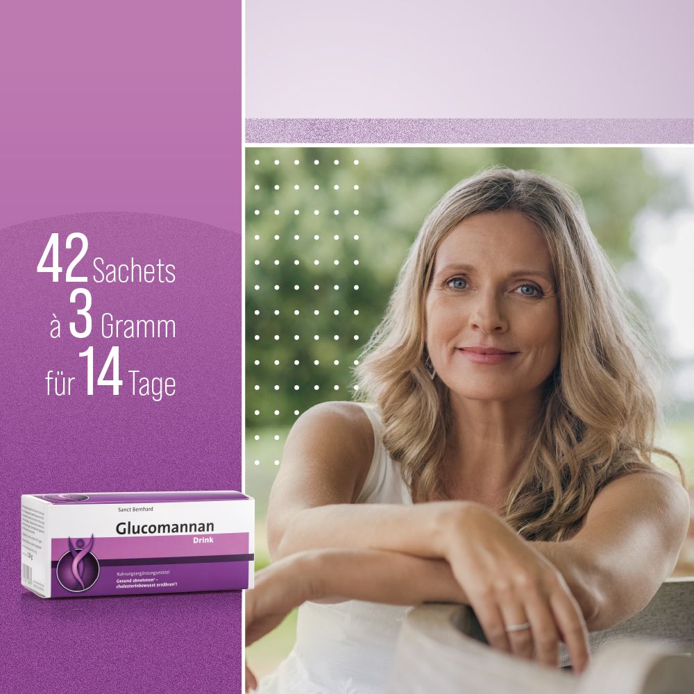Frau lehnt an einem Geländer. Box mit Glucomannan-Drink und Text: 42 Sachets à 3 Gramm für 14 Tage.