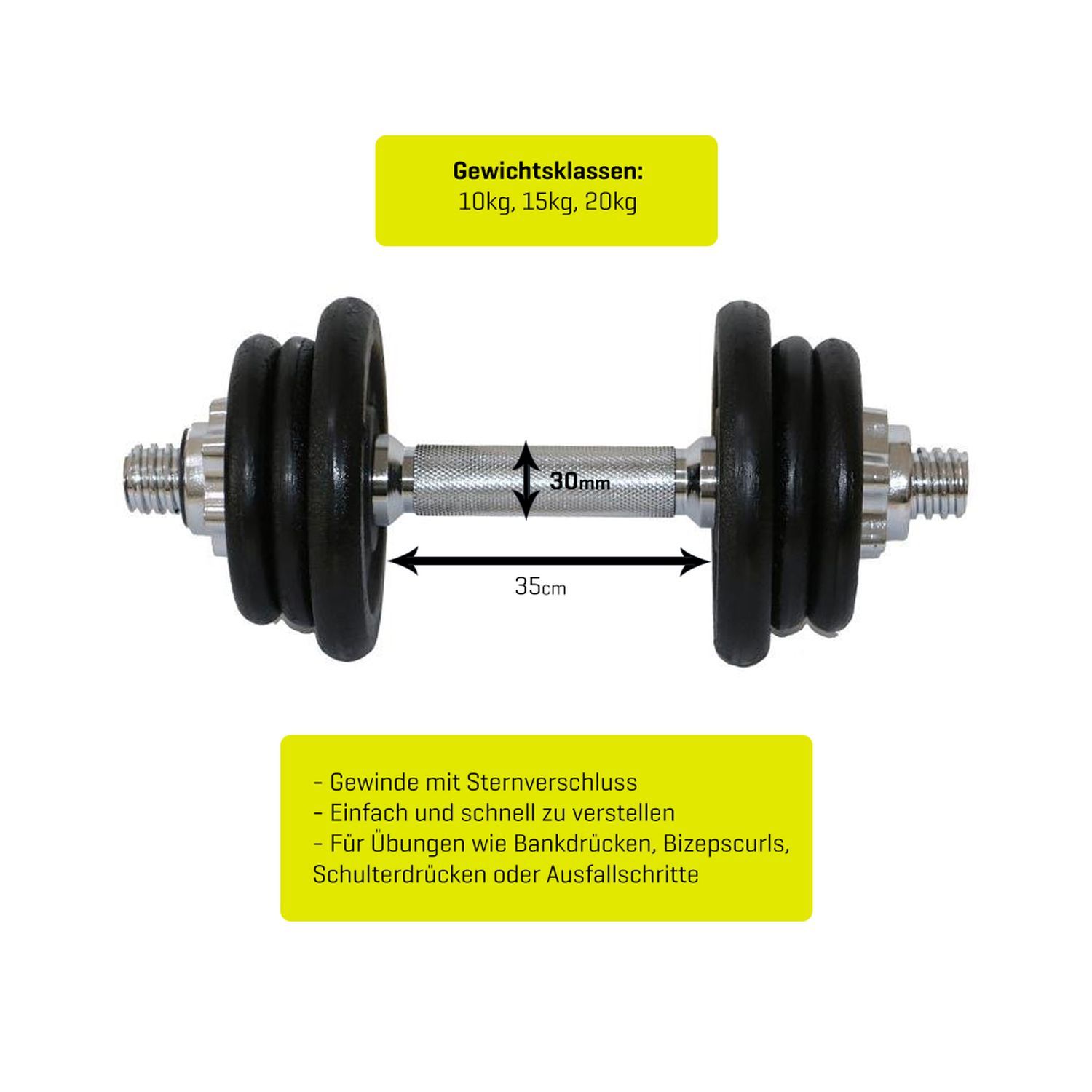 Kurzhantel mit schwarzen Gewichtsscheiben, silberner Stange. Beschriftung: Gewichtsklassen 10kg, 15kg, 20kg. Maße: 35cm lang, 30mm Griff.