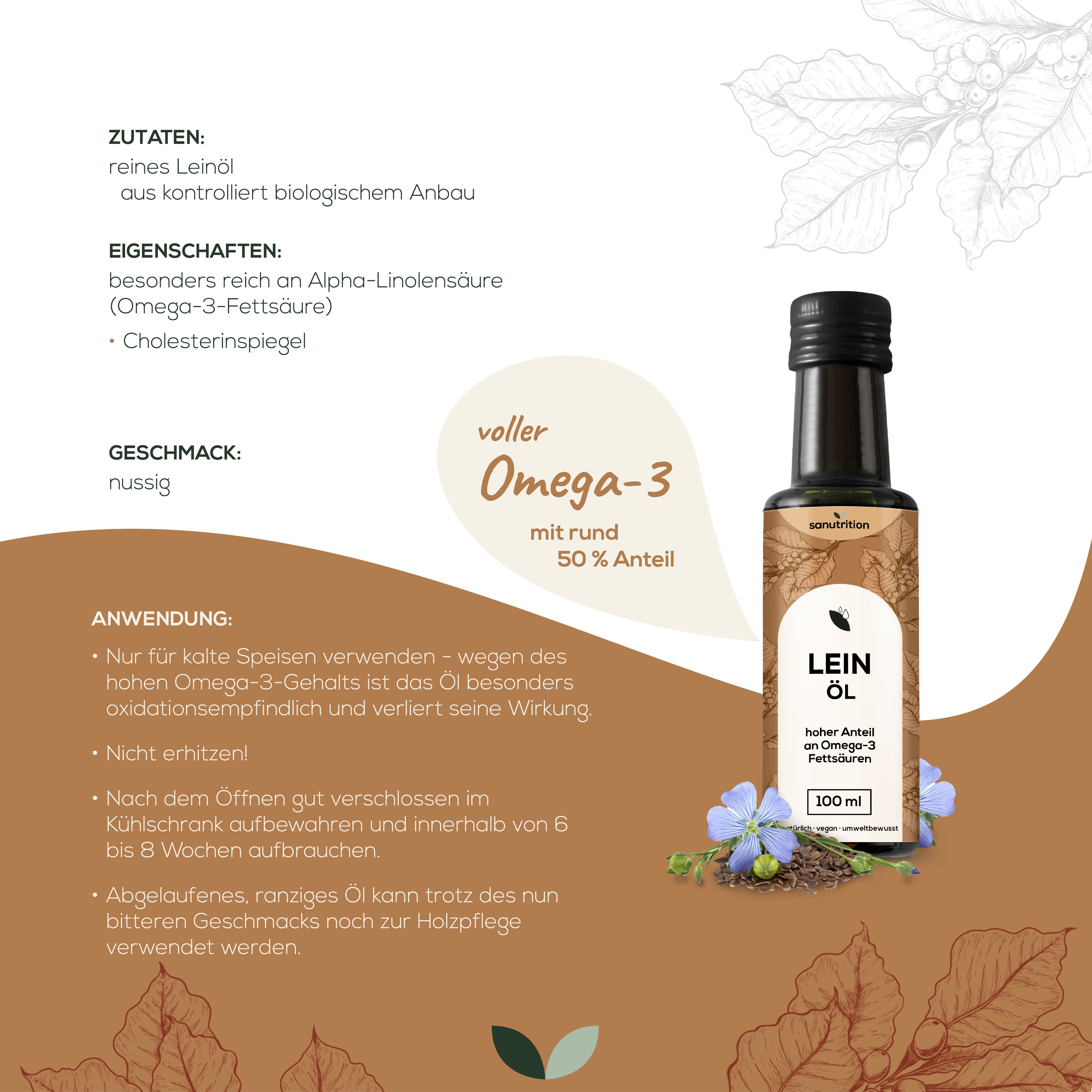 Braune Glasflasche mit Leinöl-Etikett. Text: Sanutrition Leinöl, hoher Anteil an Omega-3 Fettsäuren. 100 ml.