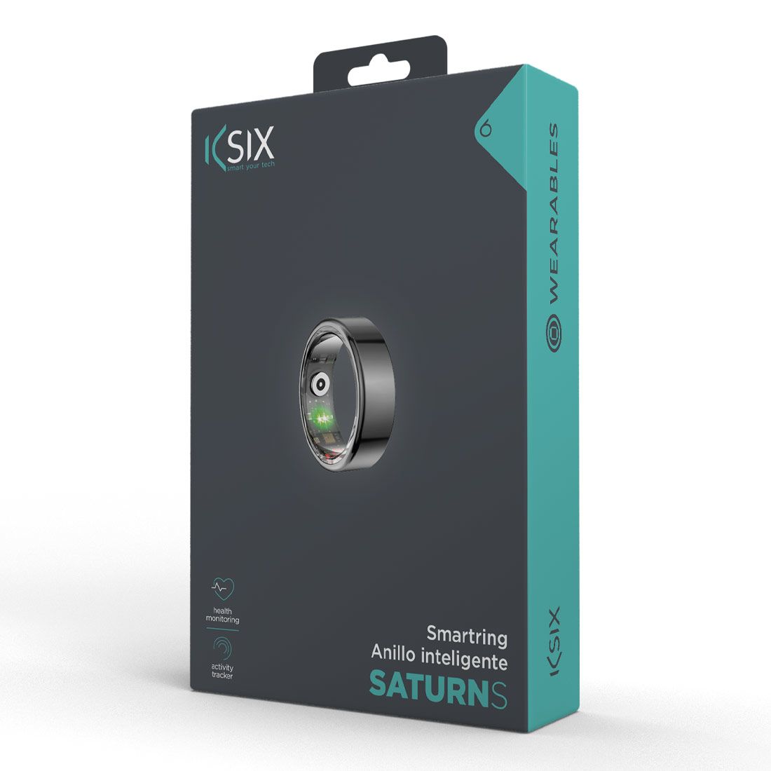 La confezione dell'anello smart KSIX Saturn. Una scatola nera con l'anello raffigurato. Il testo mostra 'KSIX' e 'SATURN S'. L'anello è nero e lucido.