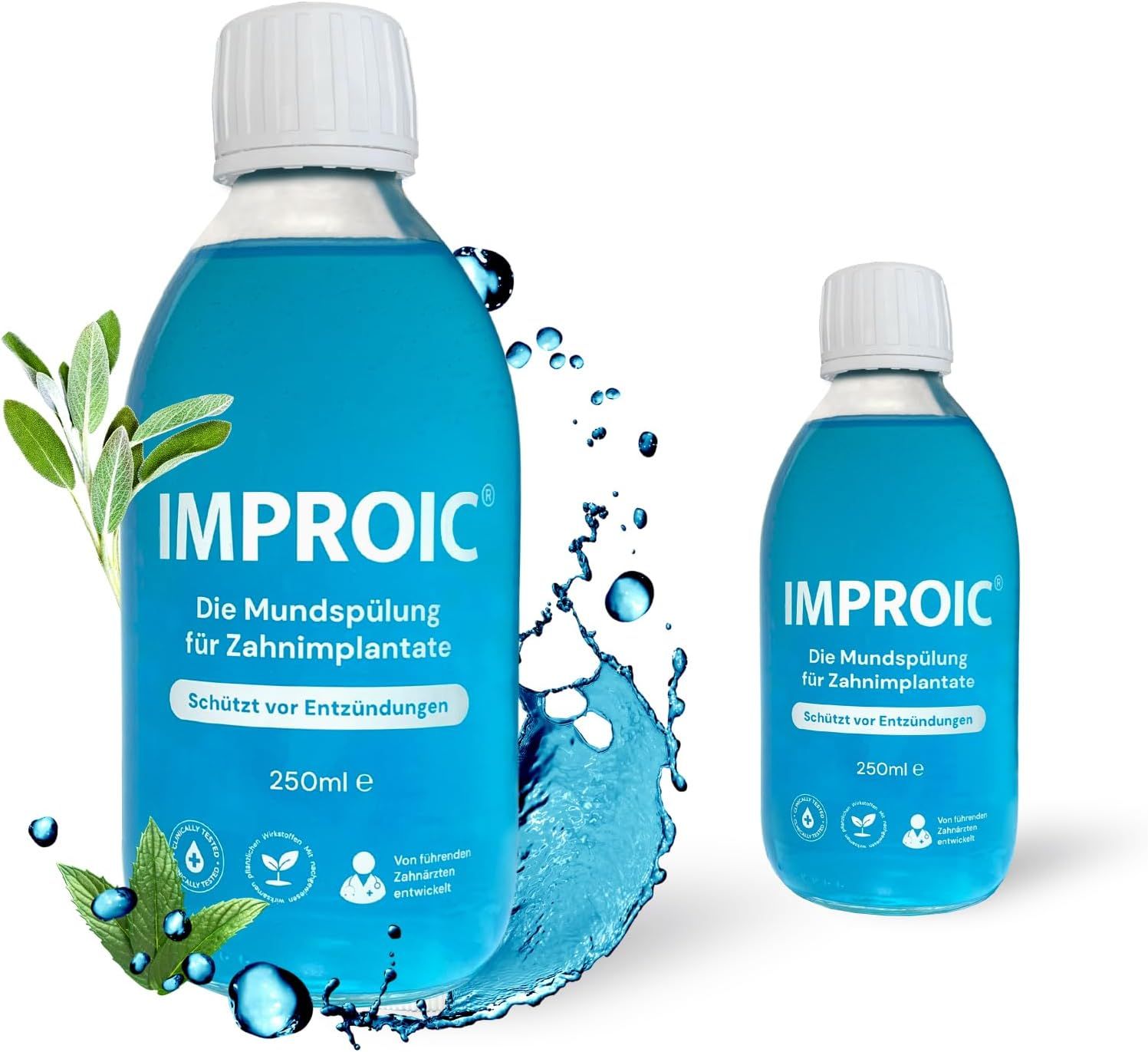 Zwei Flaschen IMPROIC Mundspülung. Blaue Flüssigkeit, weiße Verschlüsse. Aufschrift: Mundspülung für Zahnimplantate. 250ml. Mit Wasser- und Pflanzen-Illustrationen.