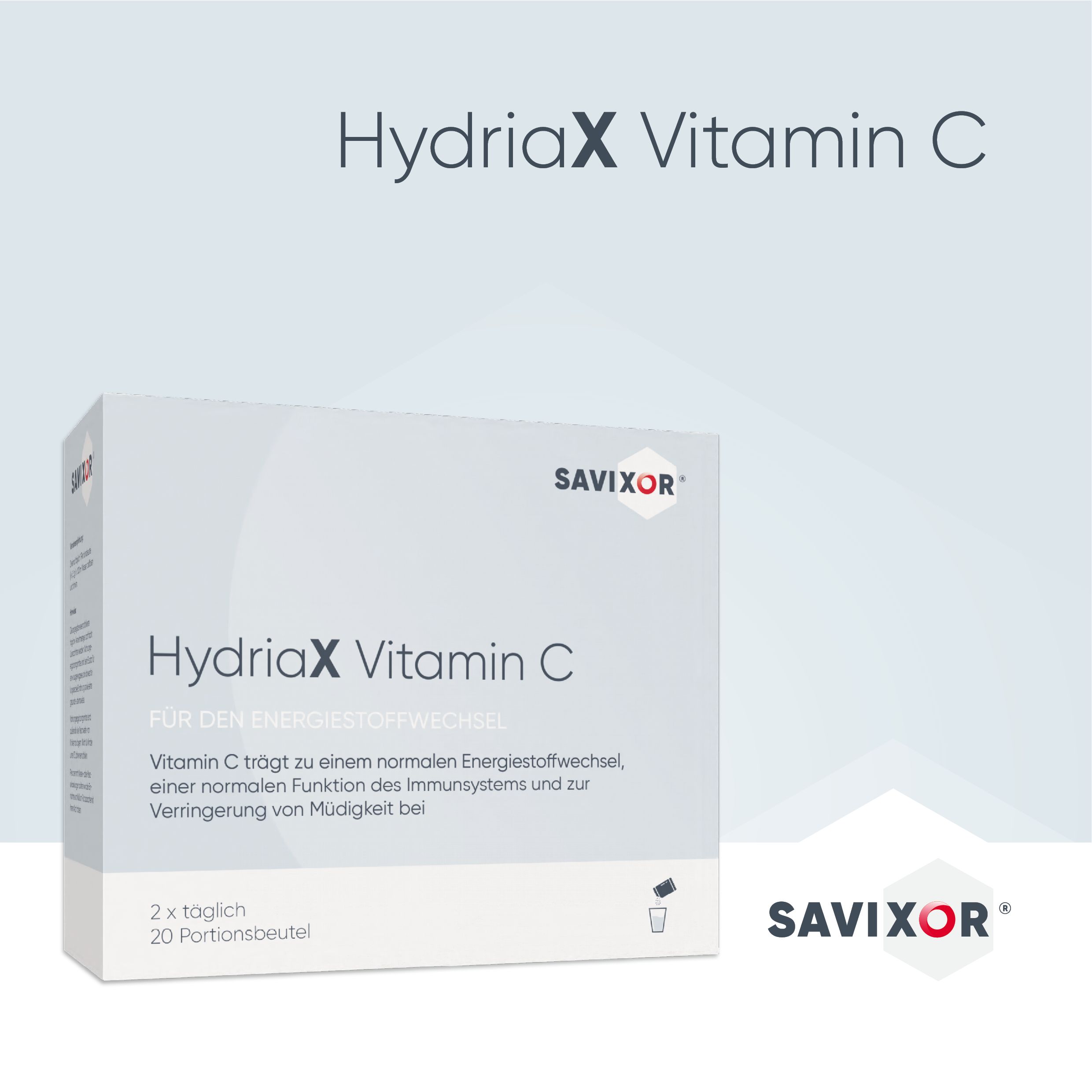 Savixor HydriaX Vitamin C Packung. Aufschrift: HydriaX Vitamin C. 20 Portionsbeutel. Produkt und Verpackung.