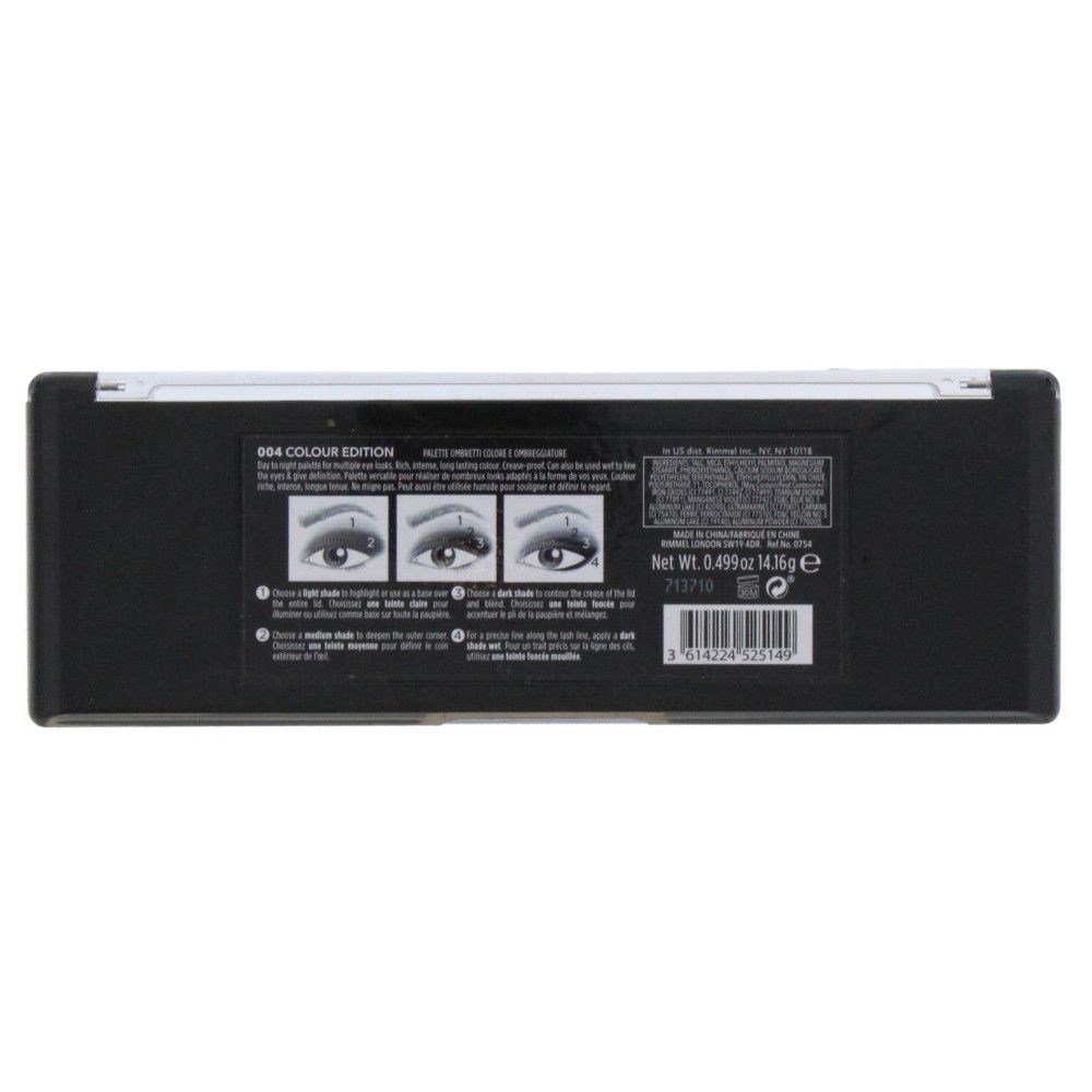 Rückseite der Lidschatten-Palette. Schwarze Verpackung mit Produktinformationen und Anwendungsbeispielen.