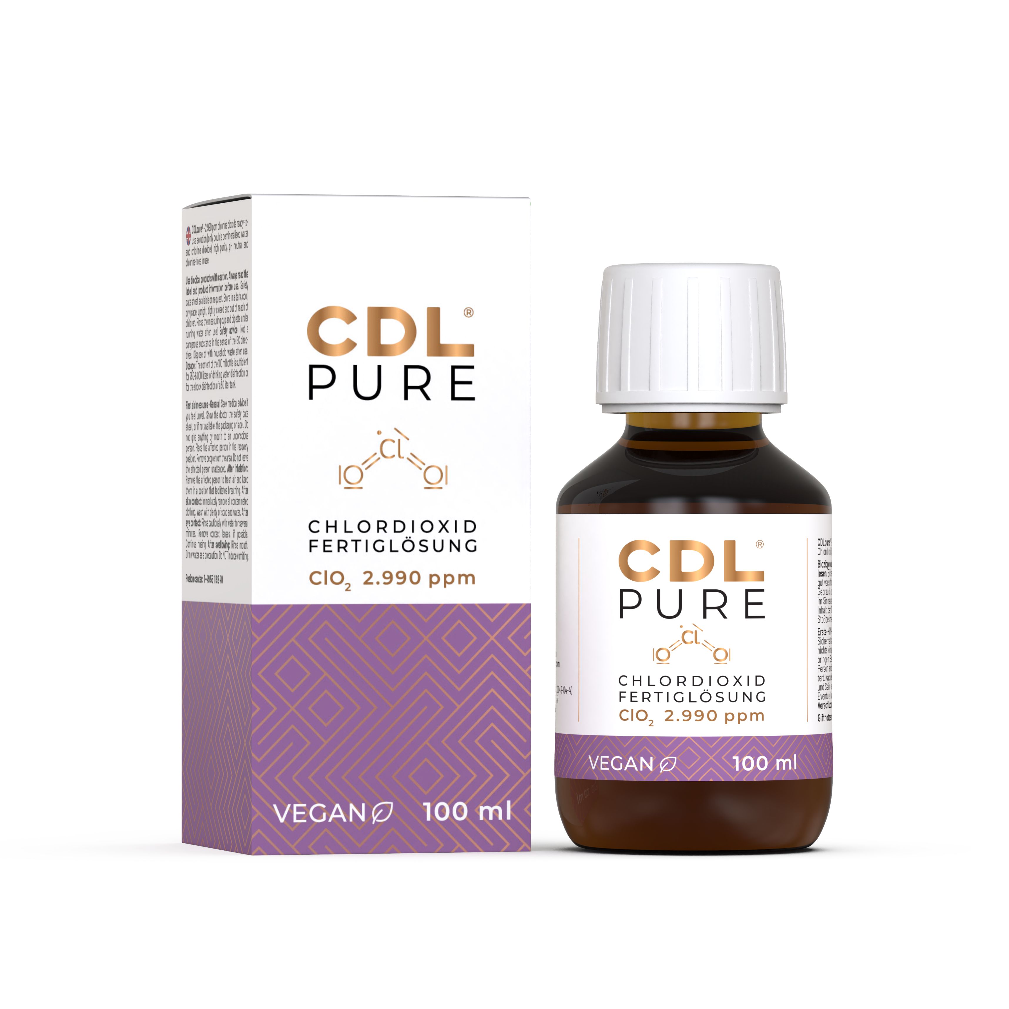 CDLpure Chlordioxid Fertiglösung Flasche und Karton. 2990 ppm. Vegan. 100 ml.