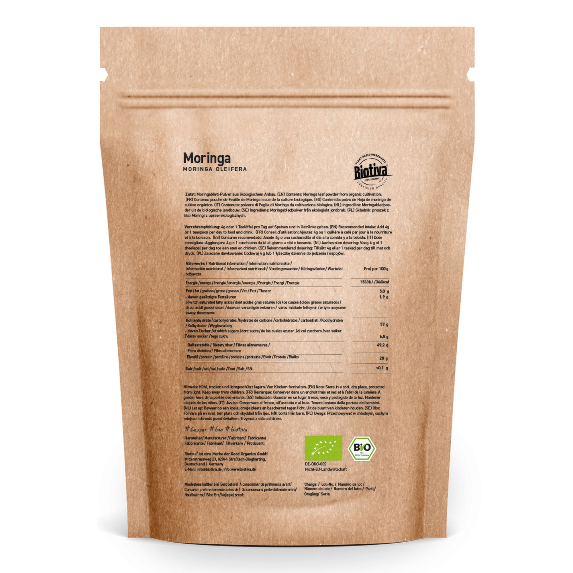 Rückseite des Biotiva Moringa Pulver Beutels. Text, Nährwertangaben, Bio-Siegel.