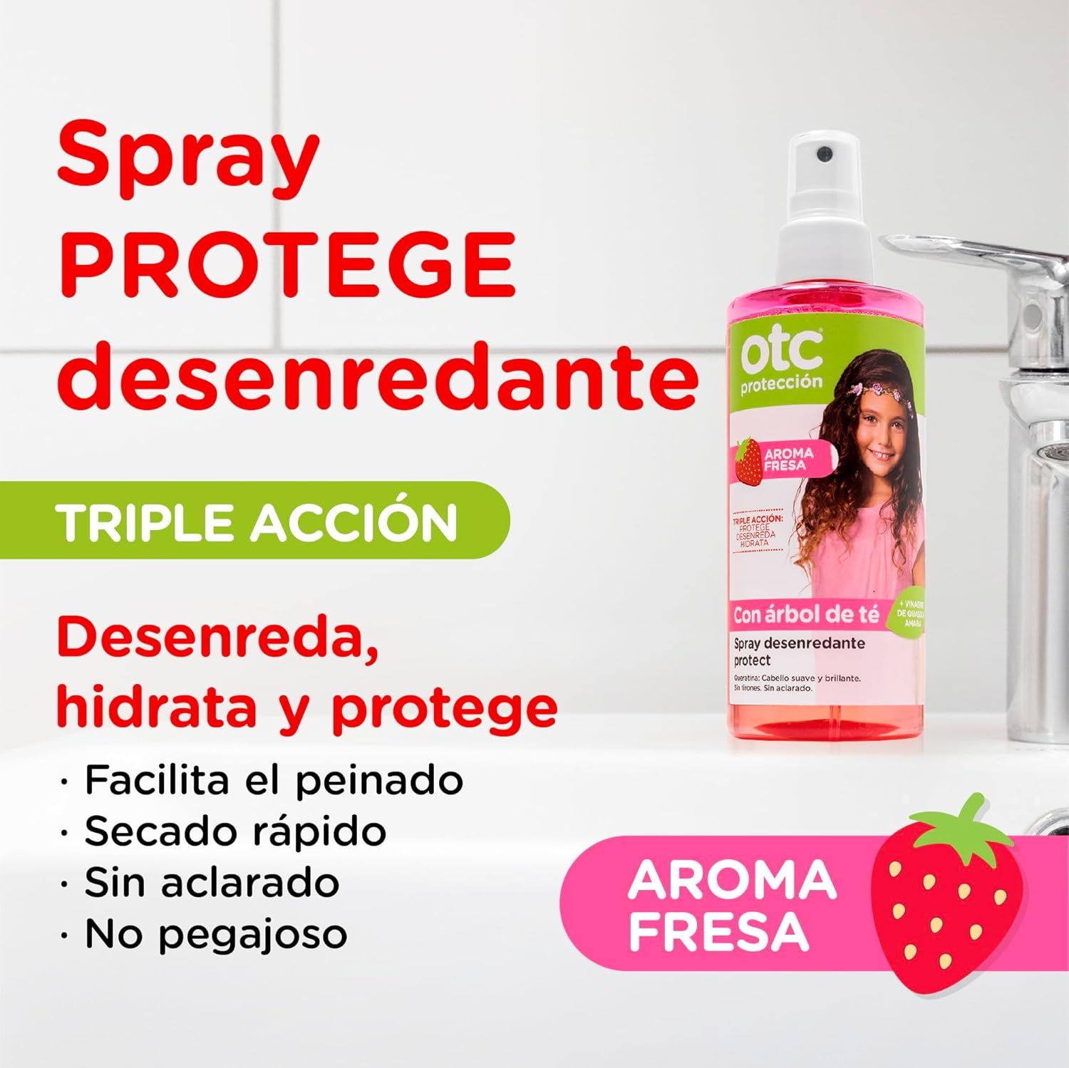 Rosa Flasche mit Sprühkopf. OTC-Produkt mit Erdbeerduft. Text: Spray PROTEGE desenredante. Triple Acción. Desentwirrt, hydratisiert und schützt.