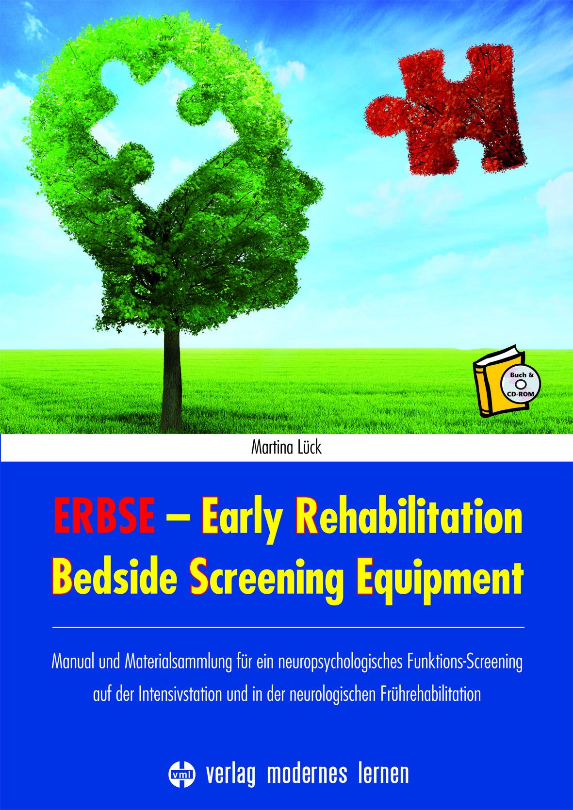 Buchcover mit Titel: ERBSE - Early Rehabilitation Bedside Screening Equipment. Abbildung: Baum in Kopfform, Puzzleteil, CD-ROM.