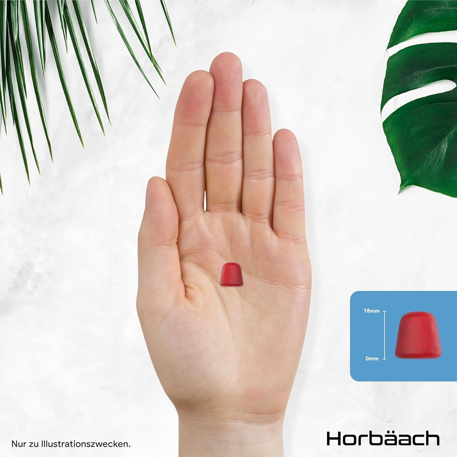 Hand mit einem roten Gummibärchen. Maße: 15mm hoch, 9mm breit. Hintergrund: Illustration.