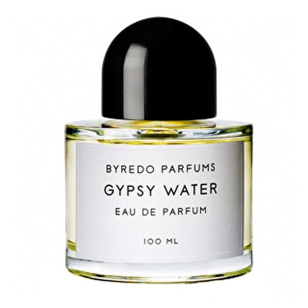 Byredo Gypsy Water Flakon. Weißes Etikett mit Text. Schwarzer Verschluss. 100 ml. Gelbliche Flüssigkeit.