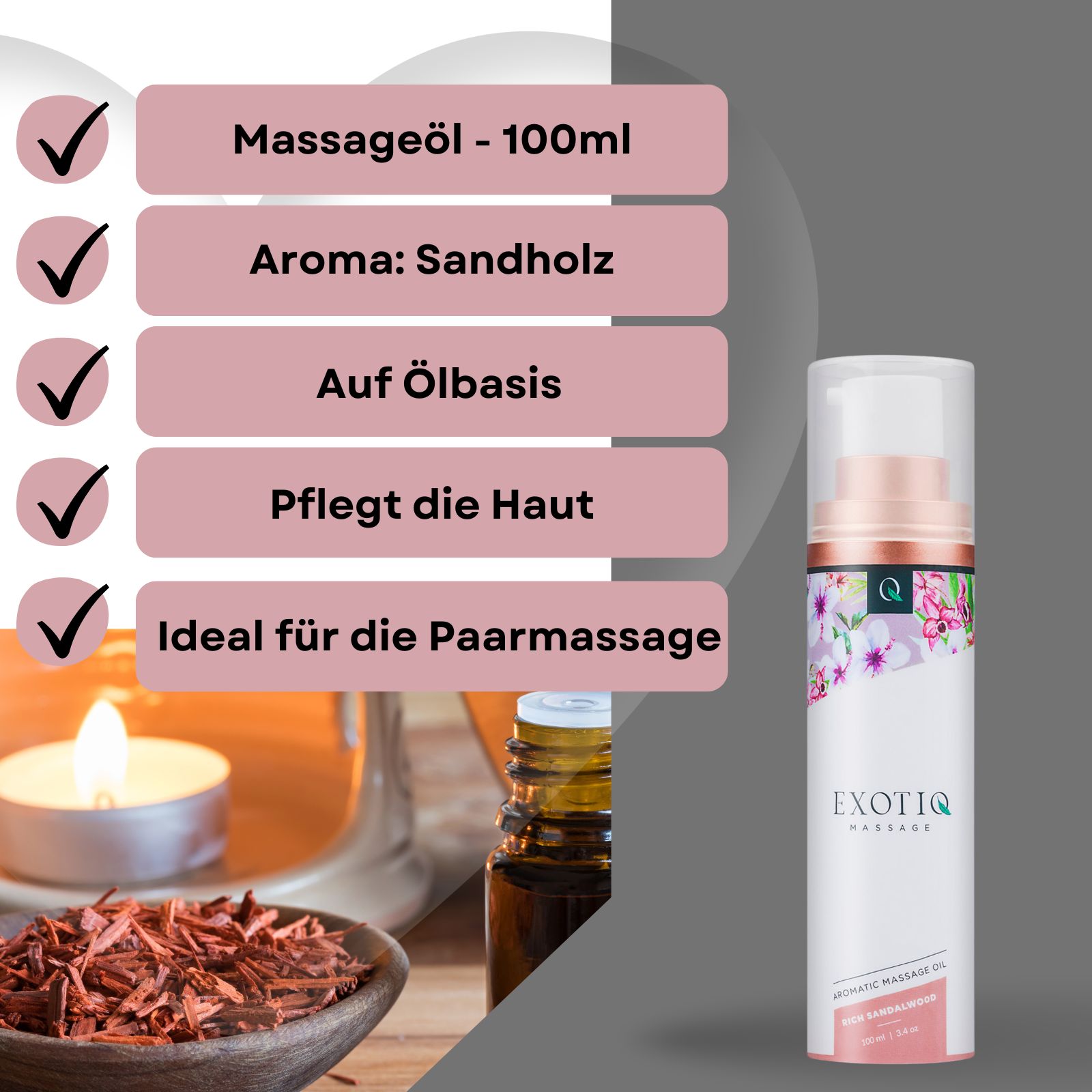 Produktpräsentation mit Massageöl-Flasche, Checklisten und Produktvorteilen. Hintergrund: Holz, Kerze, Sandelholz.