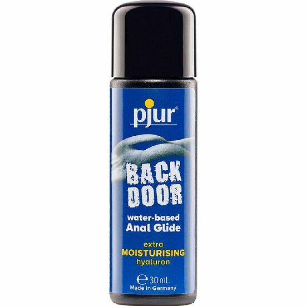 Blaue Flasche mit schwarzem Deckel. Aufschrift: pjur, BACK DOOR, water-based Anal Glide. Mit Hyaluron. 30ml. Hergestellt in Deutschland.