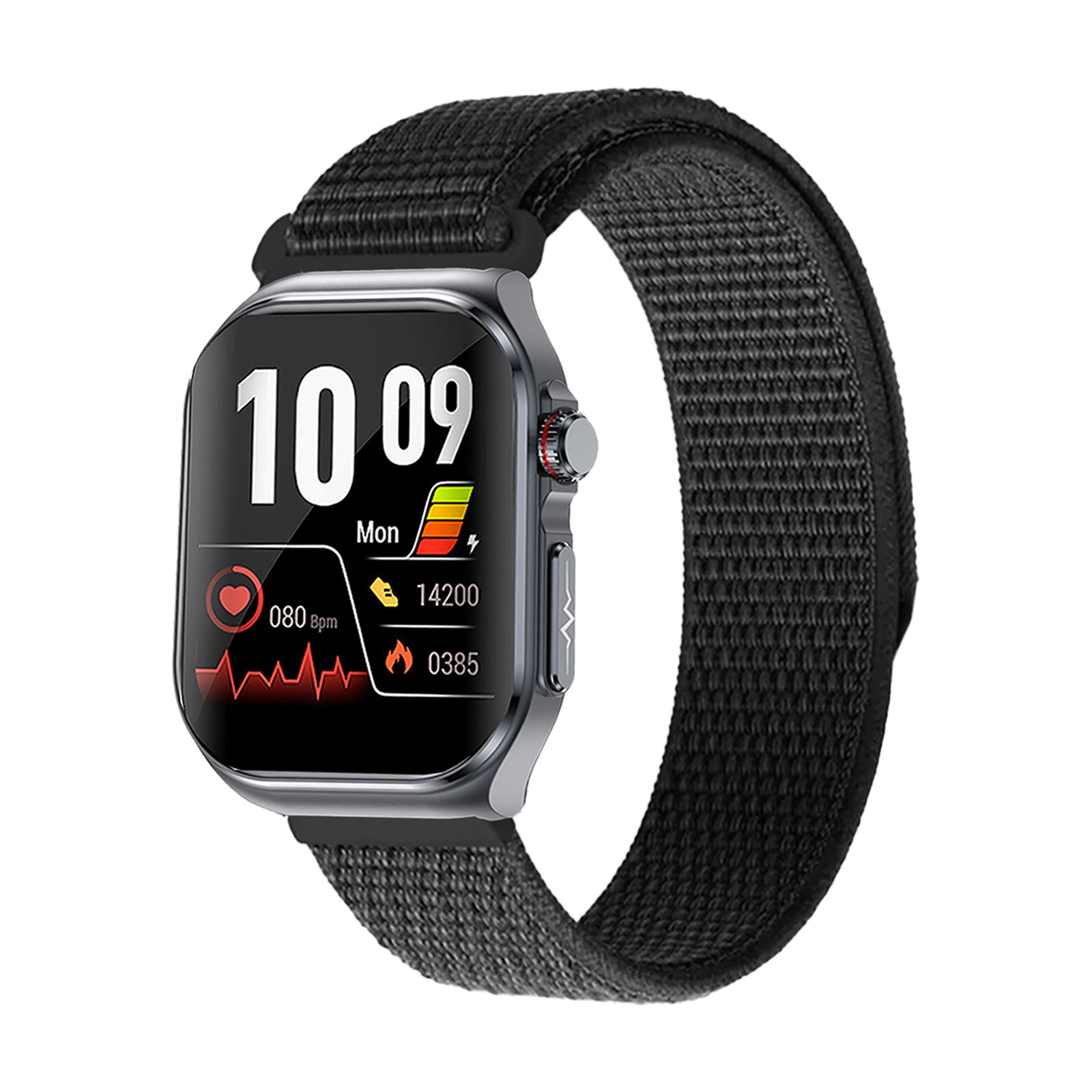 Smartwatch mit schwarzem Stoffarmband und silbernem Gehäuse. Das Display zeigt Gesundheitsdaten an.