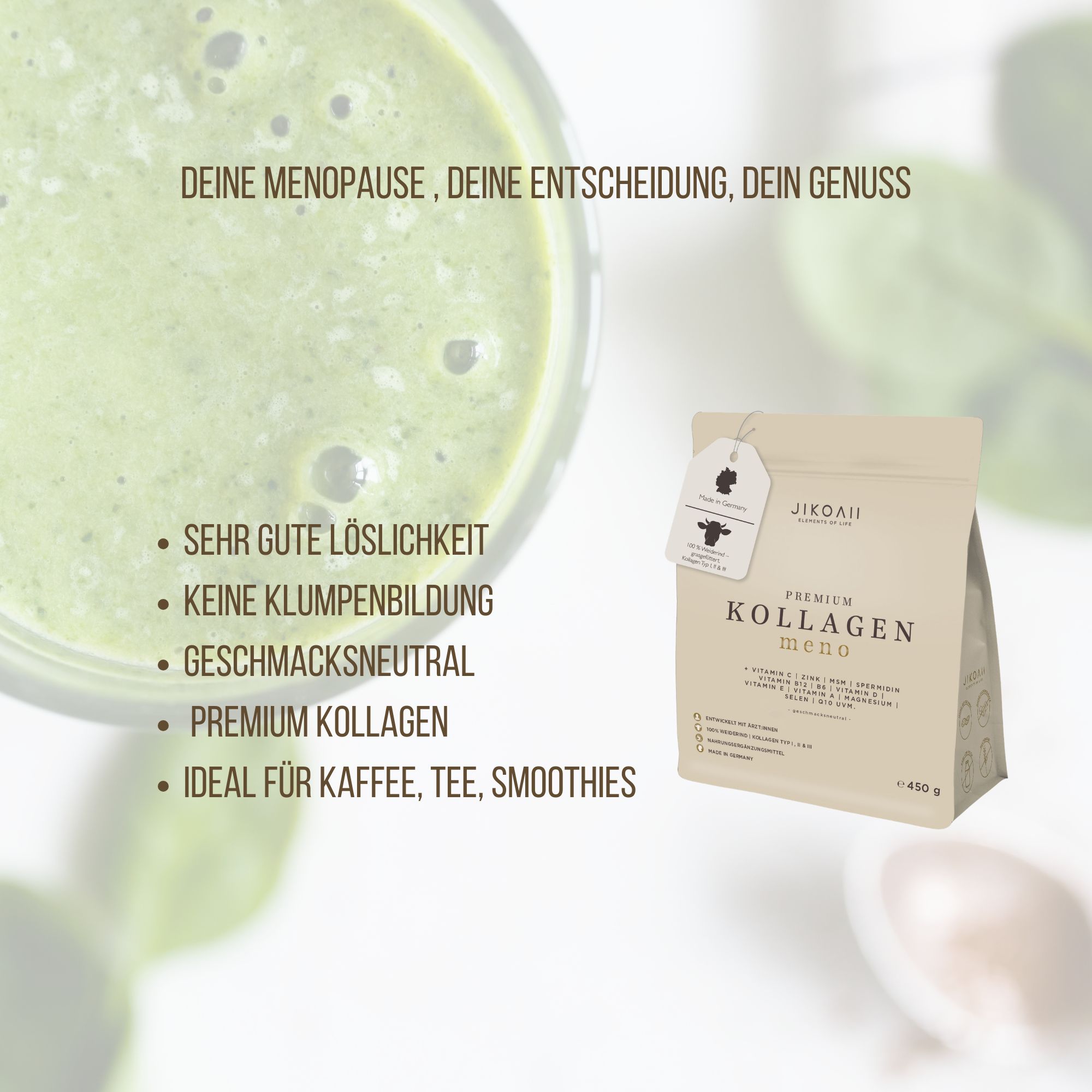 Produktverpackung JIKOAII PREMIUM KOLLAGEN MENO neben grünem Smoothie. Enthält Kollagen. Sehr gute Löslichkeit, keine Klumpen, geschmacksneutral.