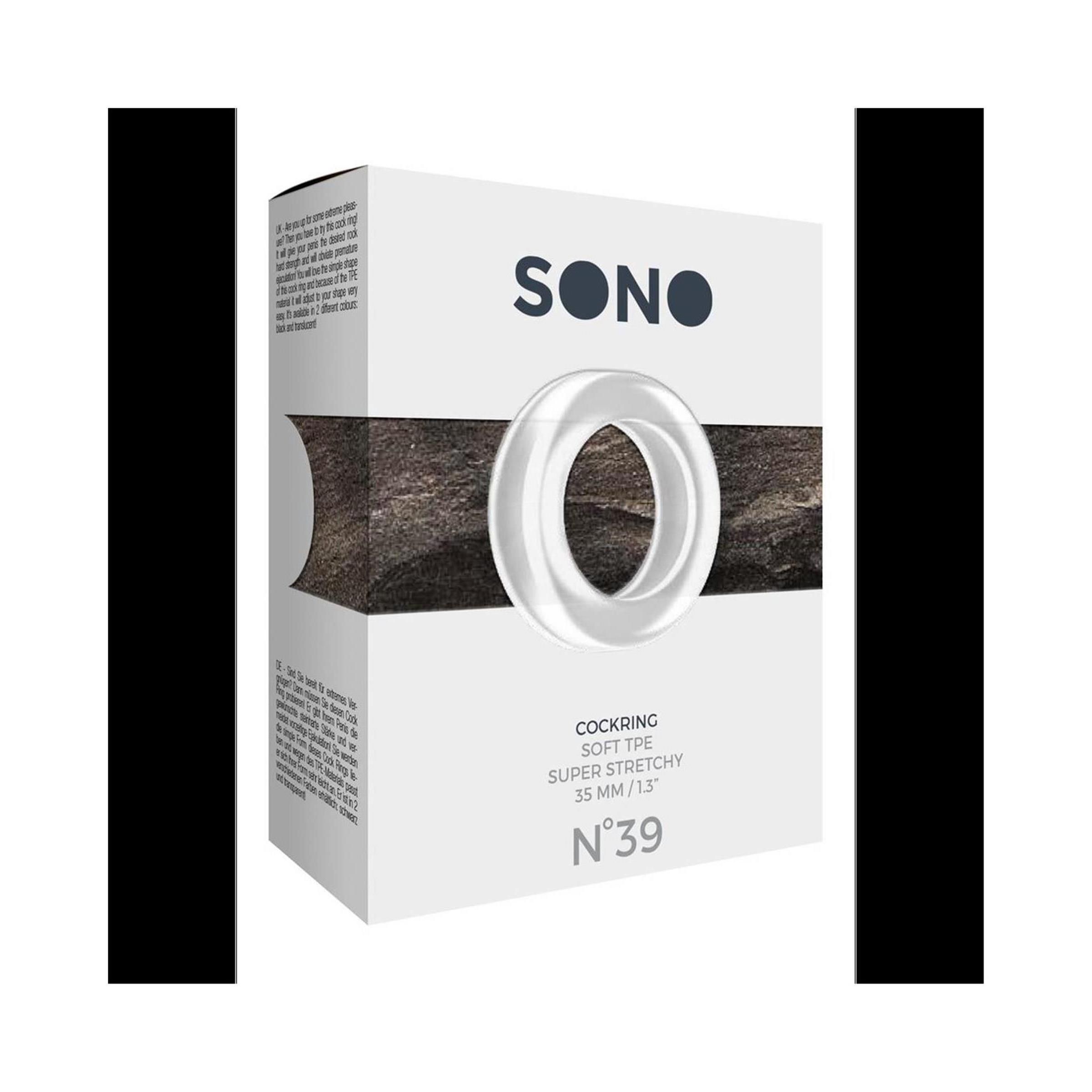 Verpackung mit Produkt. Aufschrift: SONO, Cockring, Super Stretchy, 35 mm/1.3", N°39. Weißer Karton mit Ring-Produkt.