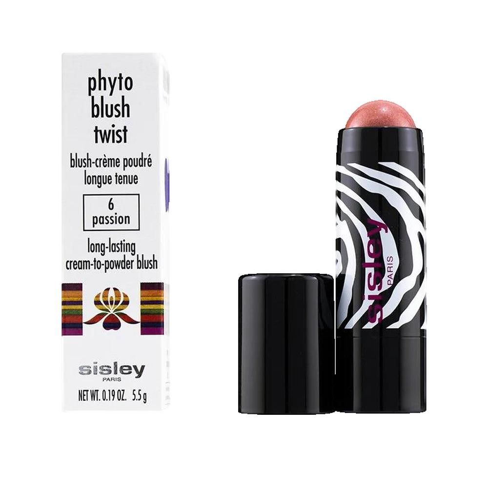 Sisley Phyto-Blush Twist. Rosa Blush-Stick mit schwarzem Deckel. Verpackung mit Produktnamen und Farbnummer 6 Passion.