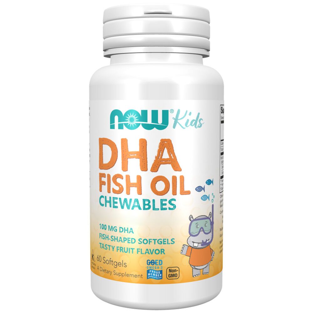 Weiße Flasche mit orangefarbenem Etikett. Aufschrift: NOW Kids DHA Fish Oil Chewables. Enthält 100 mg DHA. Fischförmige Softgels.